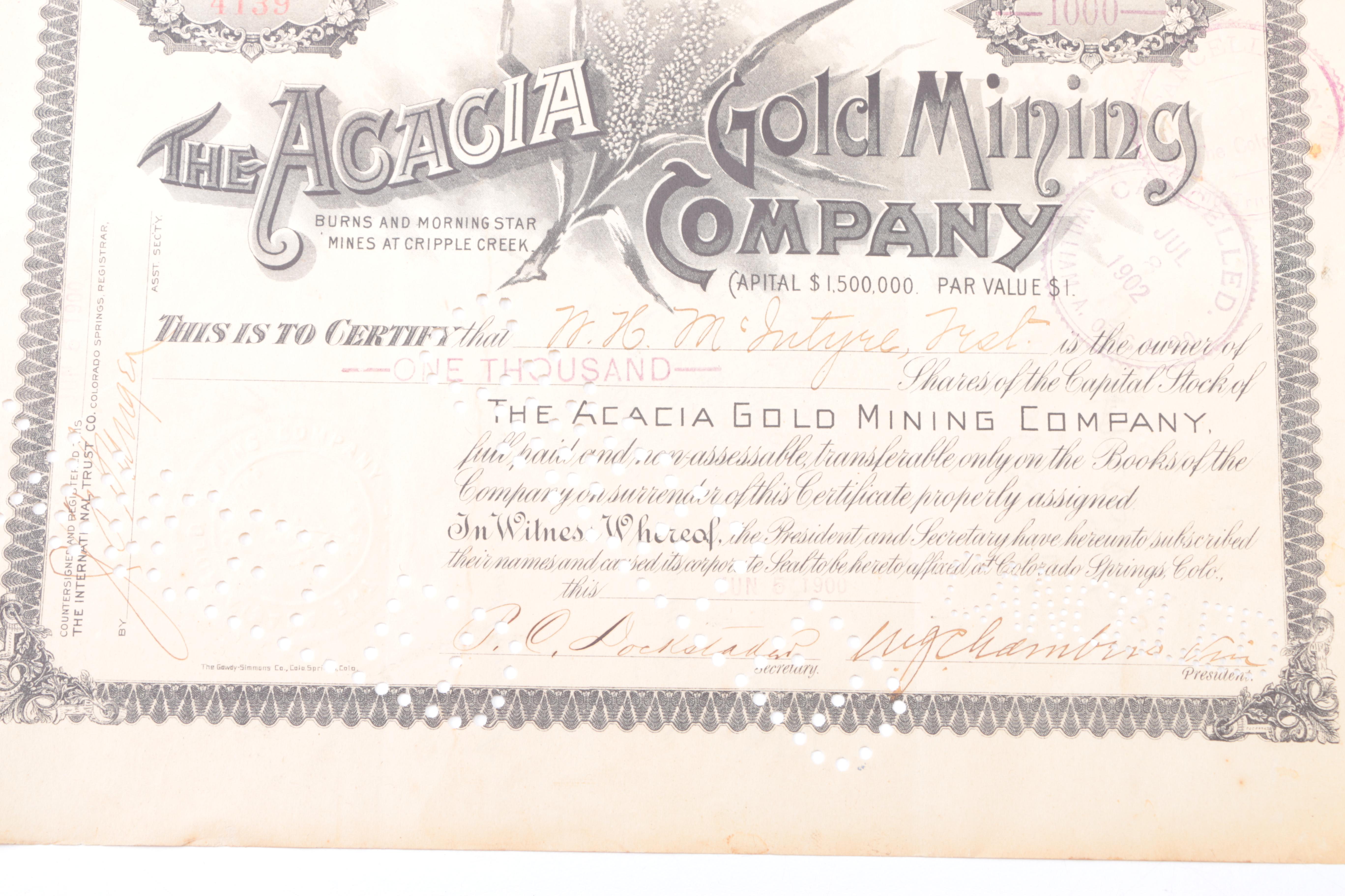 Antique Railroad and Gold Mining Share Certificates and Resin Coin Bank