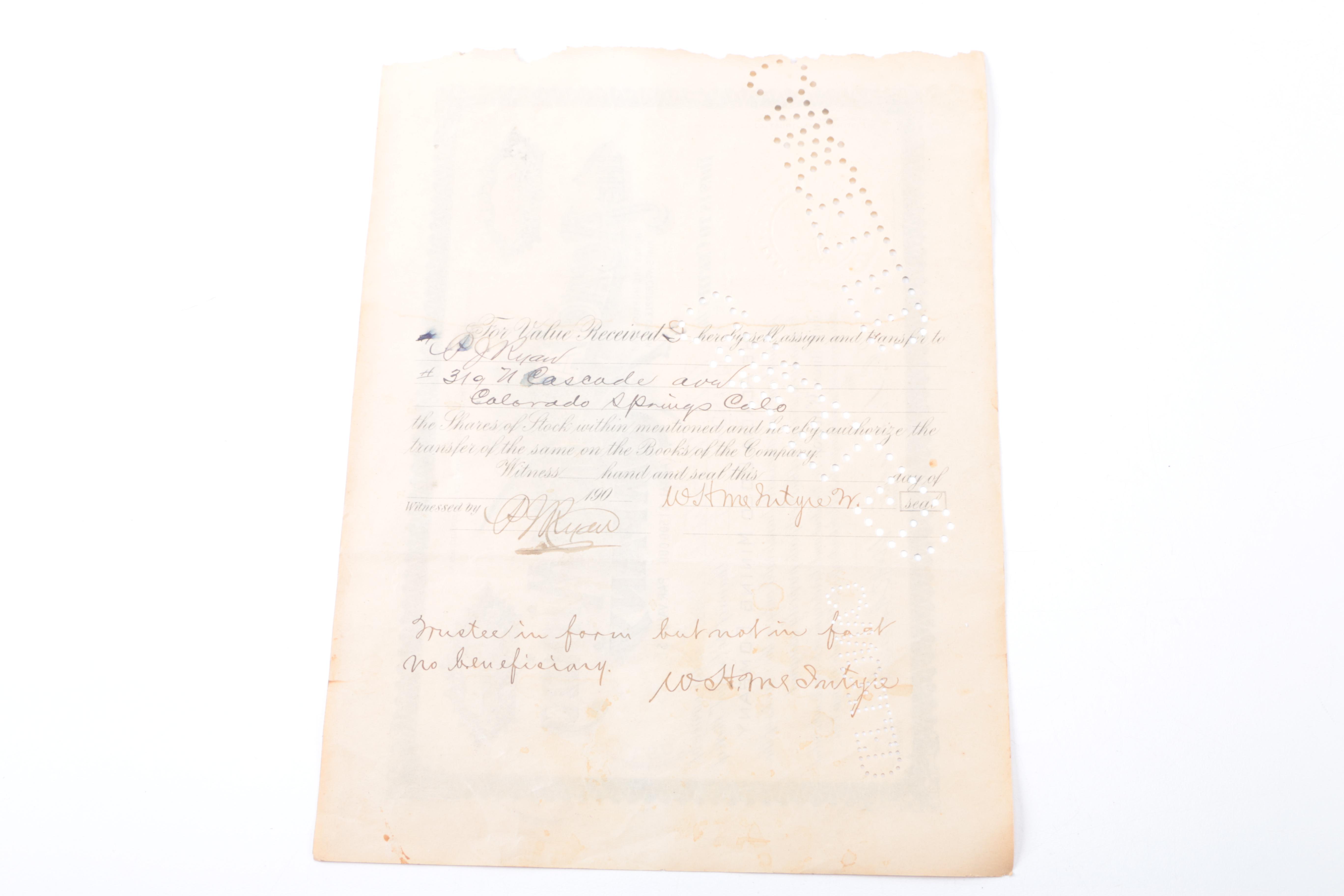 Antique Railroad and Gold Mining Share Certificates and Resin Coin Bank