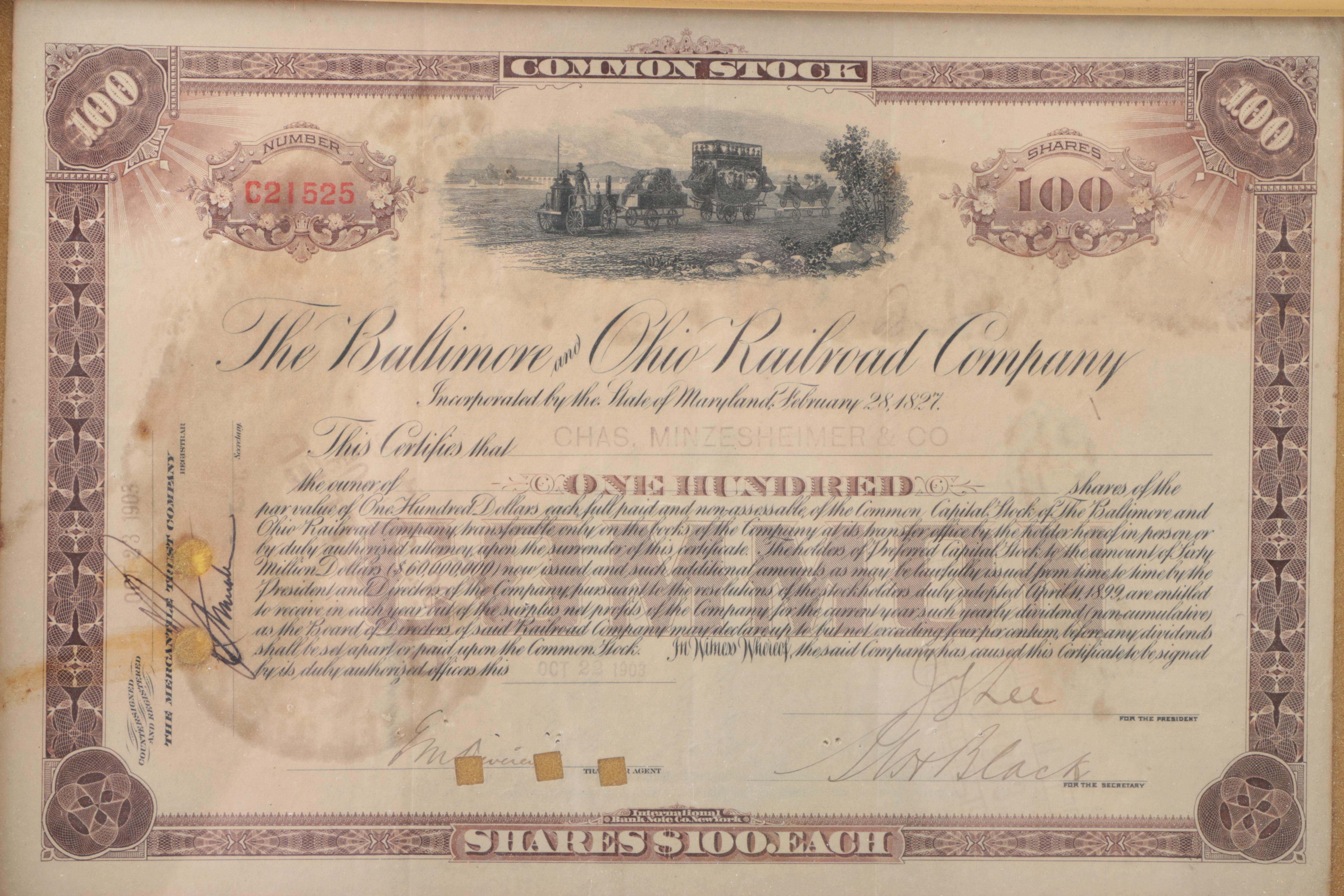 Antique Railroad and Gold Mining Share Certificates and Resin Coin Bank