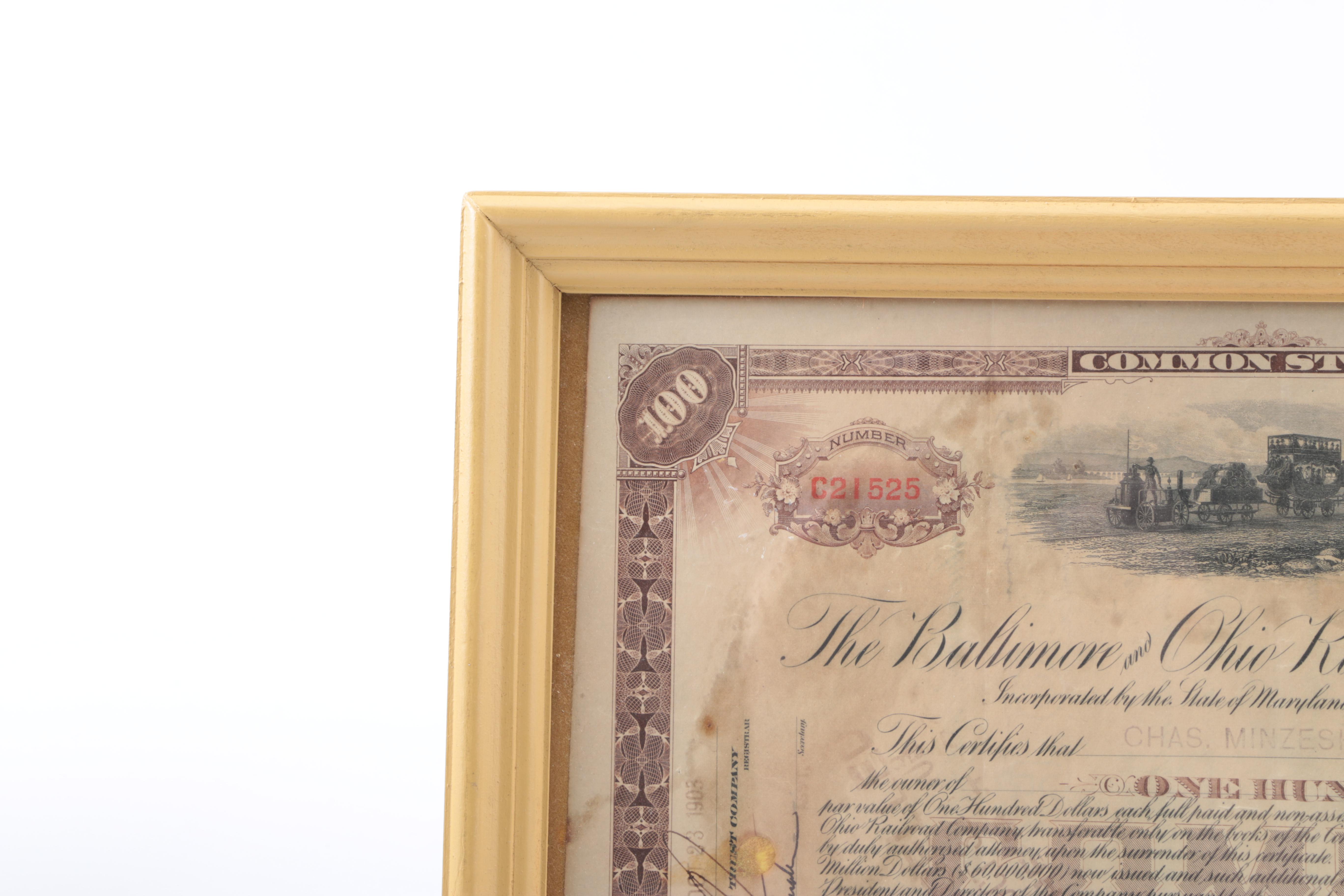 Antique Railroad and Gold Mining Share Certificates and Resin Coin Bank