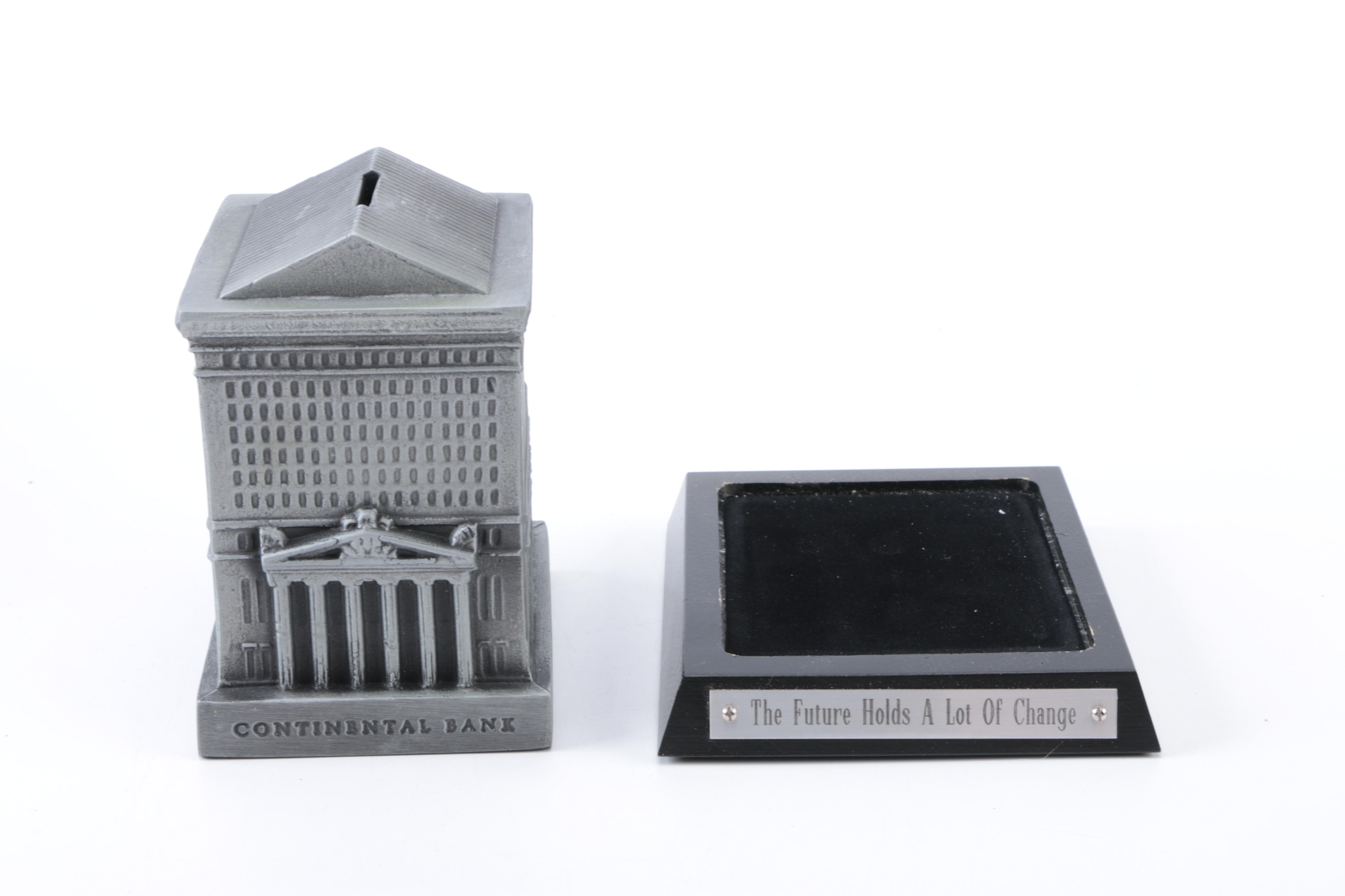 Antique Railroad and Gold Mining Share Certificates and Resin Coin Bank