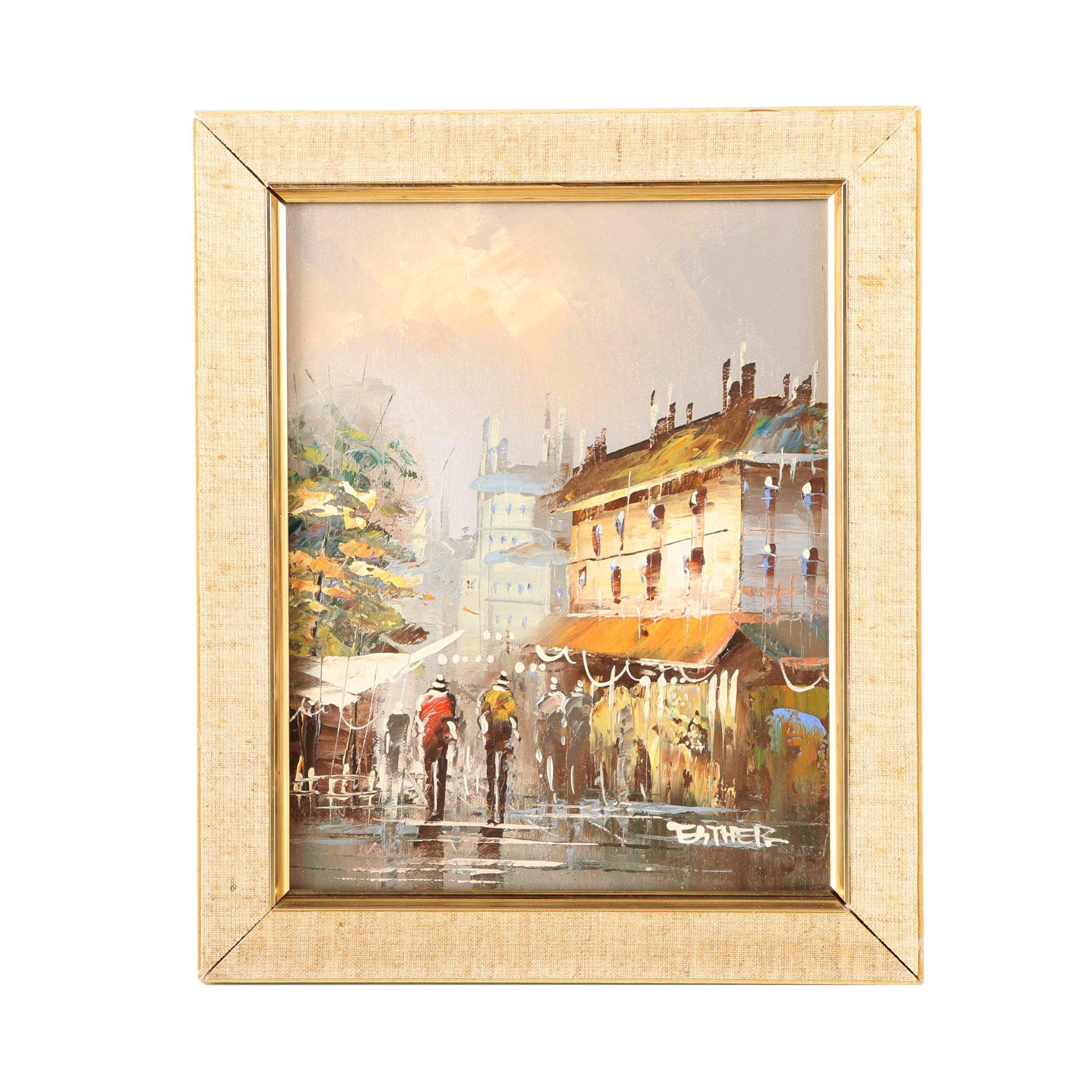 1985 Esther Oil Painting of Urban Street