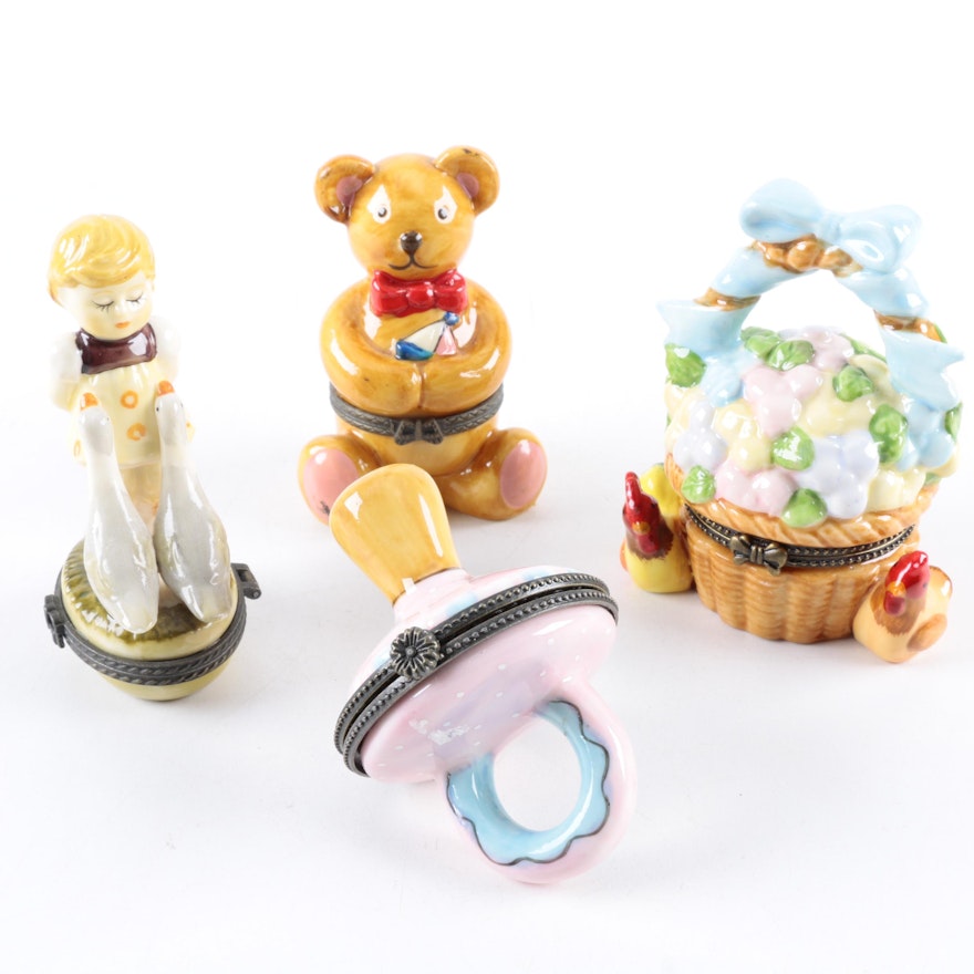 Porcelain Trinket Boxes Including Teddy Bear Box