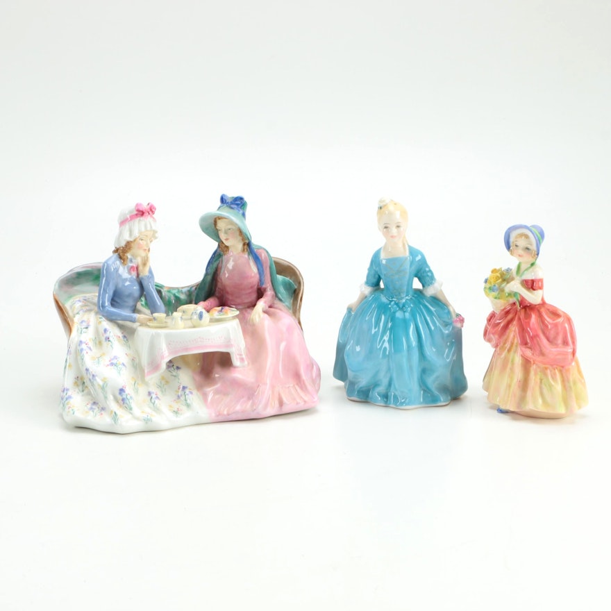 Three Vintage Royal Doulton China Figurines Including "Afternoon Tea"