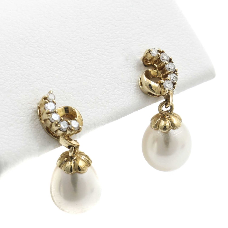 10K Yellow Gold Cultured Pearl and Diamond Earrings