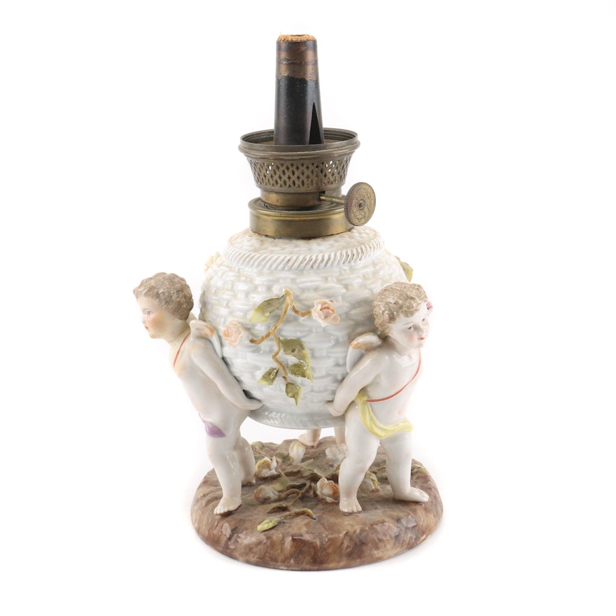 Schierholz Hand-painted Figural Converted Oil Lamp