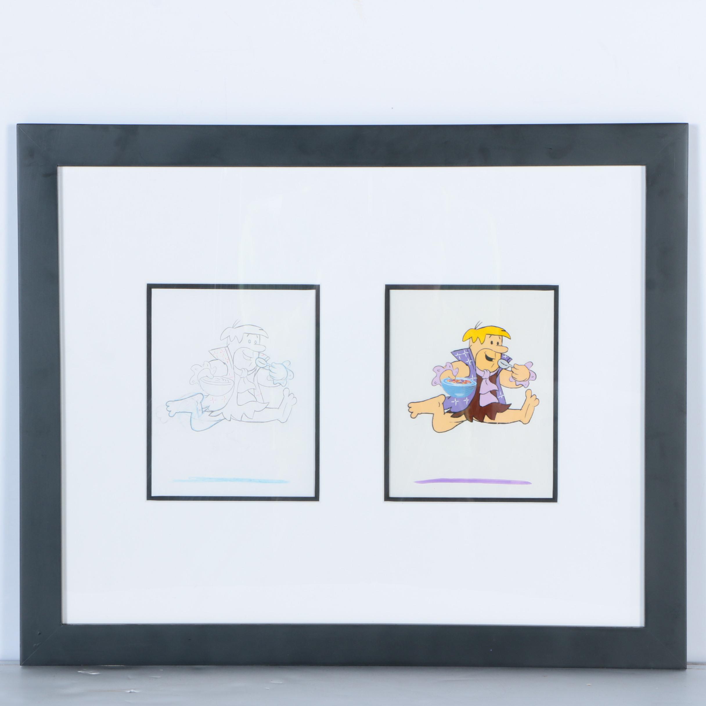 1980s Barney Rubble Flintstones Production Cel with Matching Drawing
