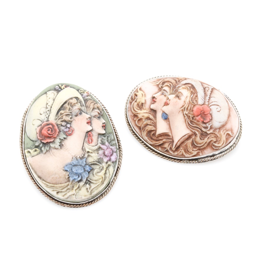 Sterling Silver Porcelain Cameo Converter Brooches