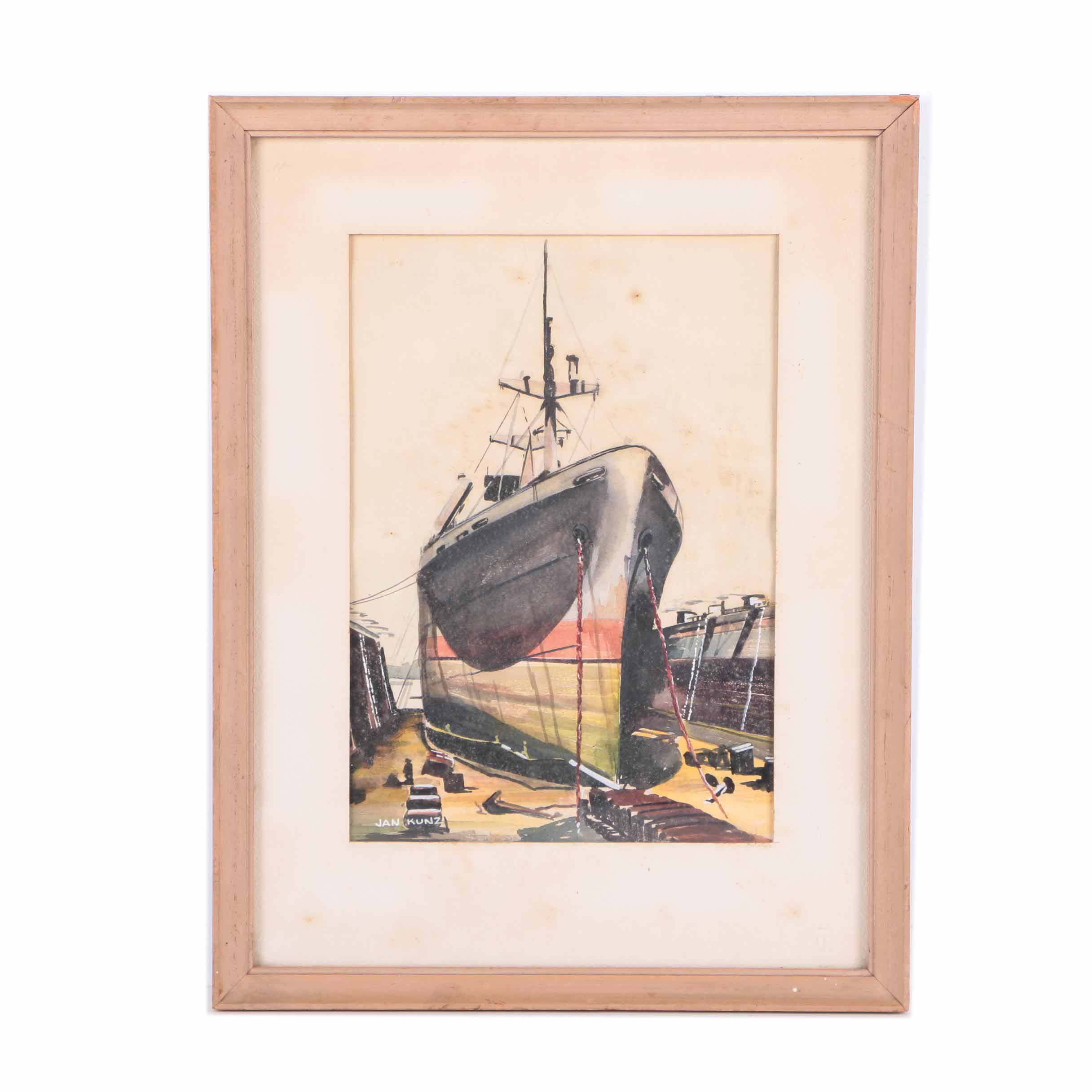 Jan Kunz Watercolor Painting on Paper of a Ship