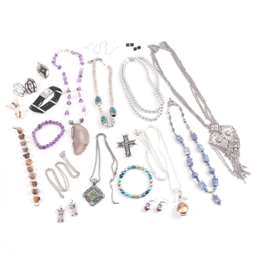 Assorted Silver Tone Jewelry Including Pieces with Amethyst