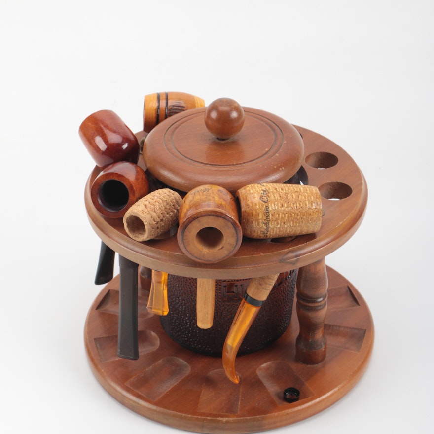 Tobacco Pipe Holder And Assorted Pipes