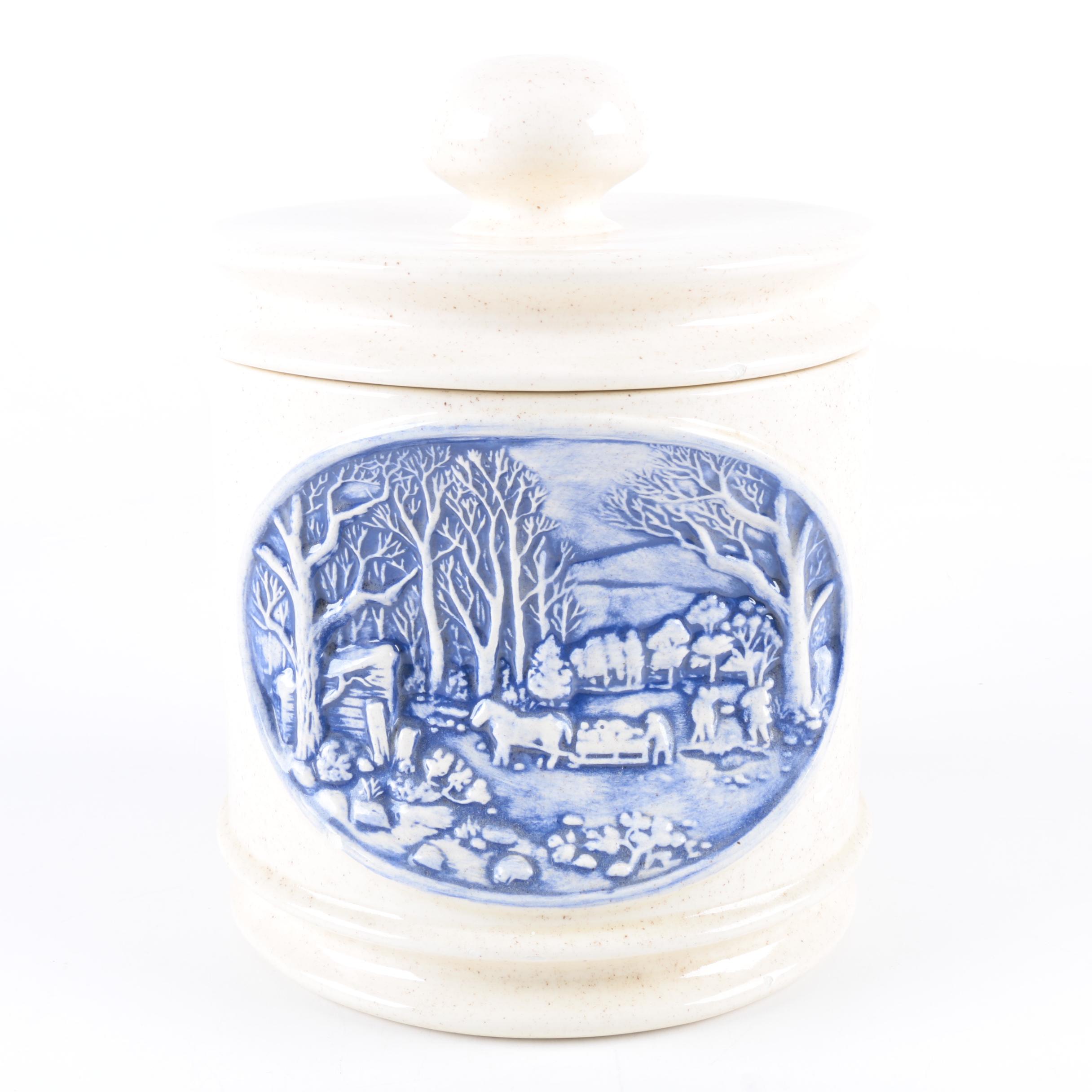Porcelain Cookie Jar with Rural Scene