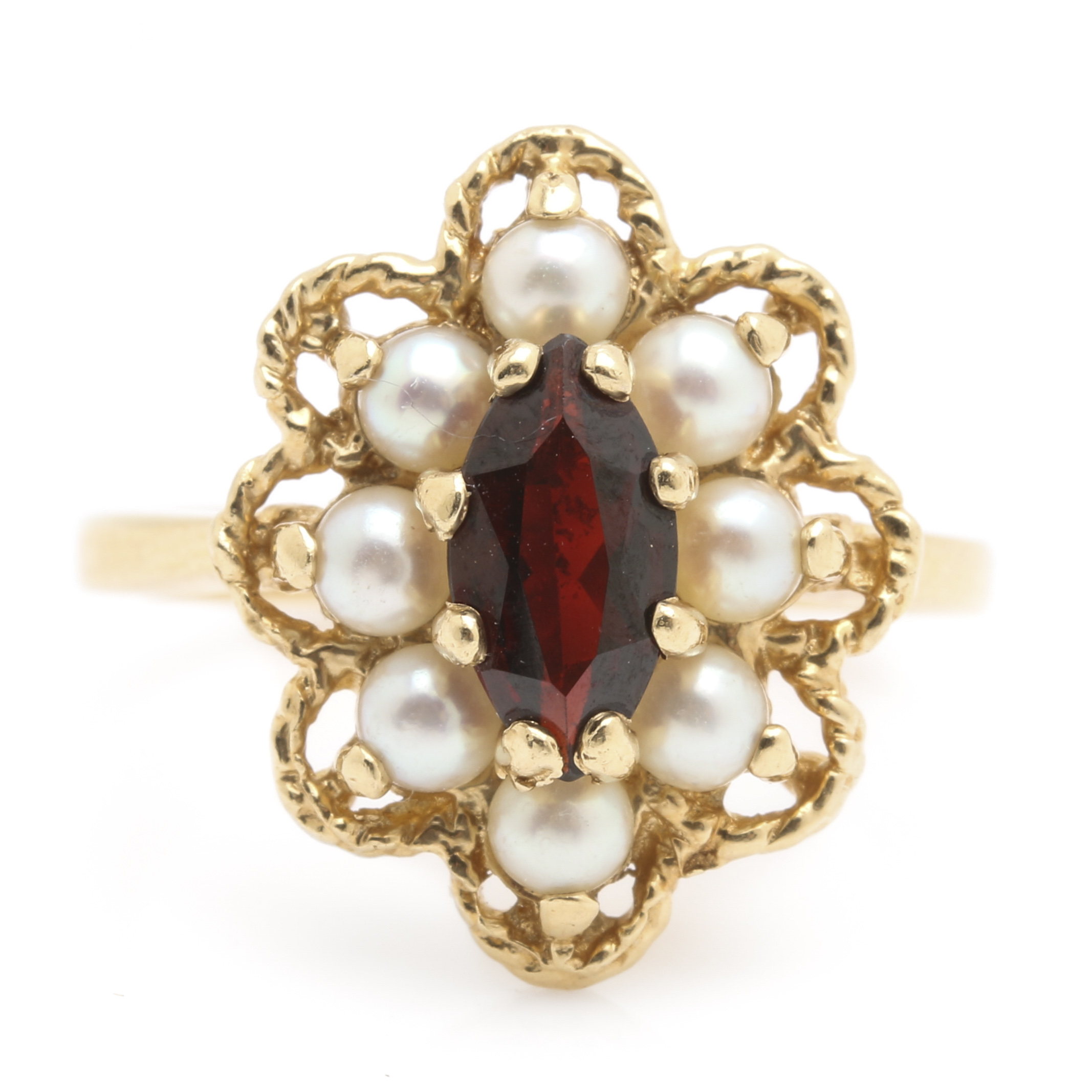 14K Yellow Gold Garnet and Cultured Pearl Ring