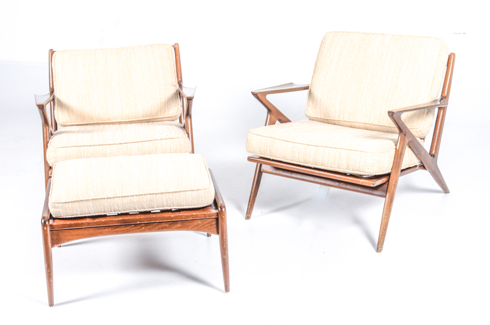 Poul Jensen Danish Modern Z Style Arm Chairs and Ottoman by Selig