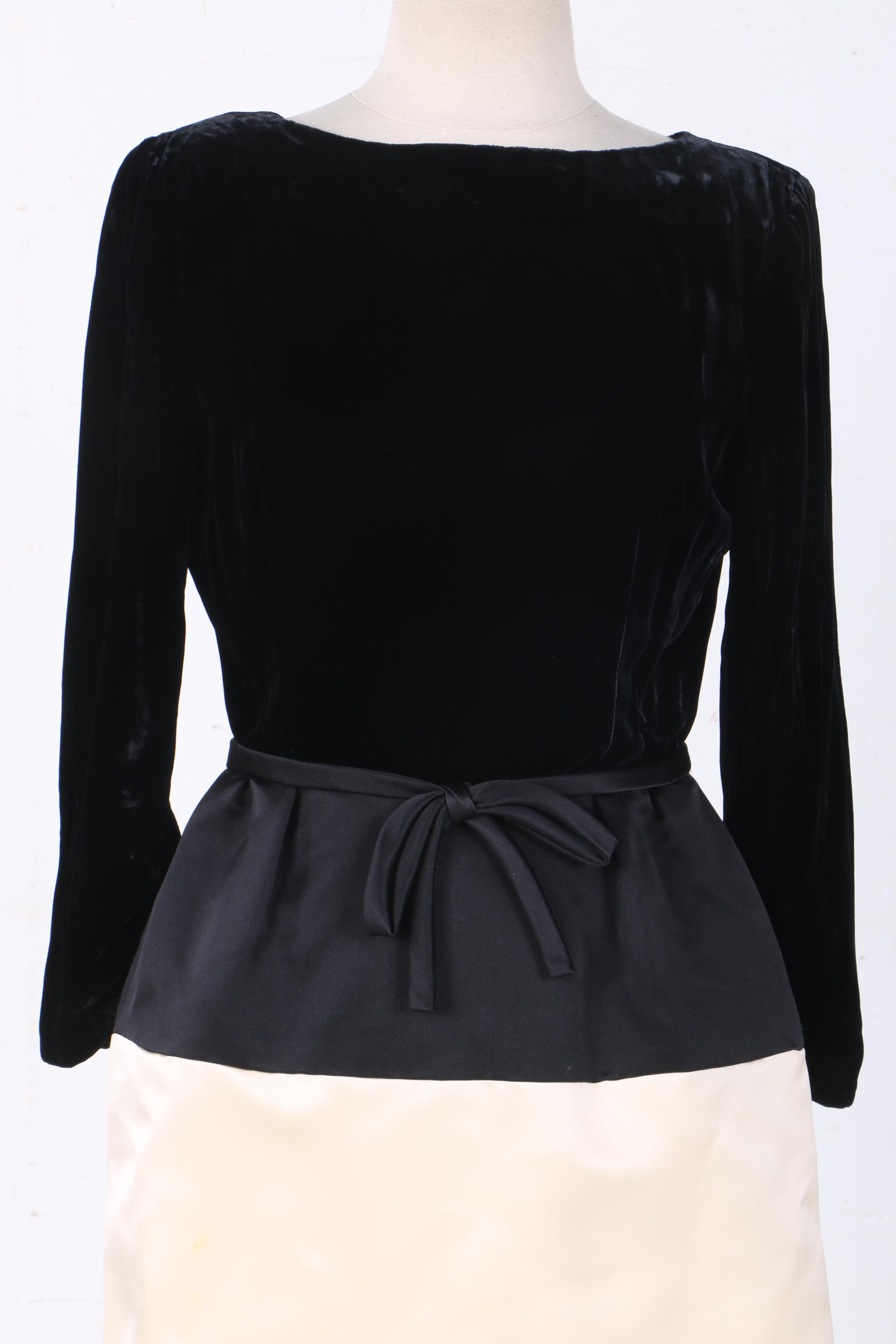 Bill Blass Black Velvet and Cream Satin Dress