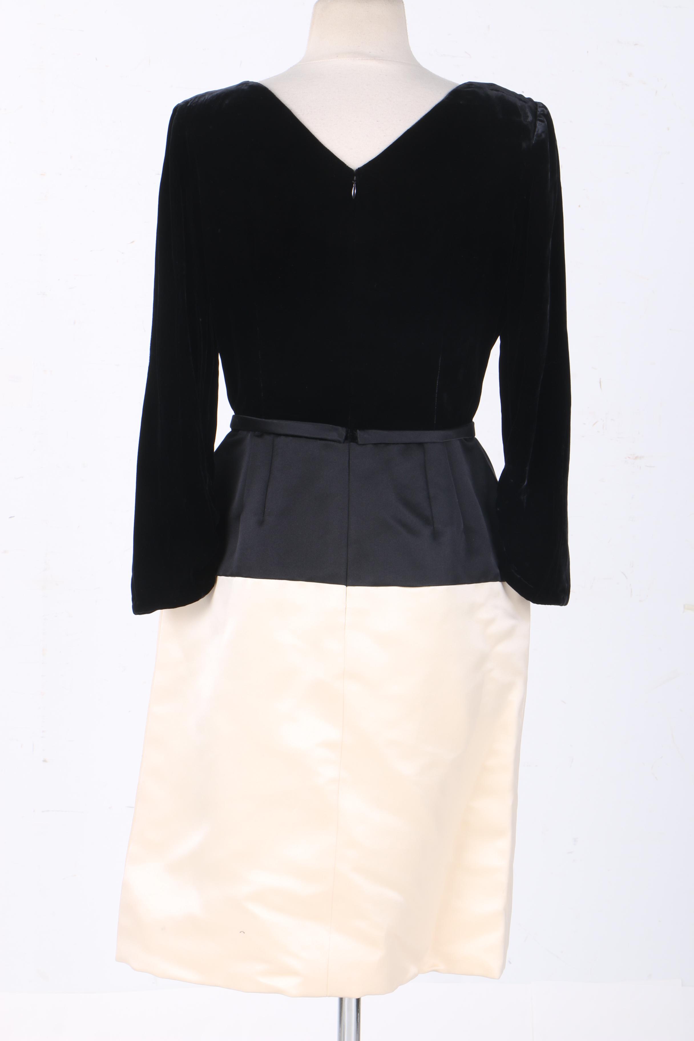 Bill Blass Black Velvet and Cream Satin Dress