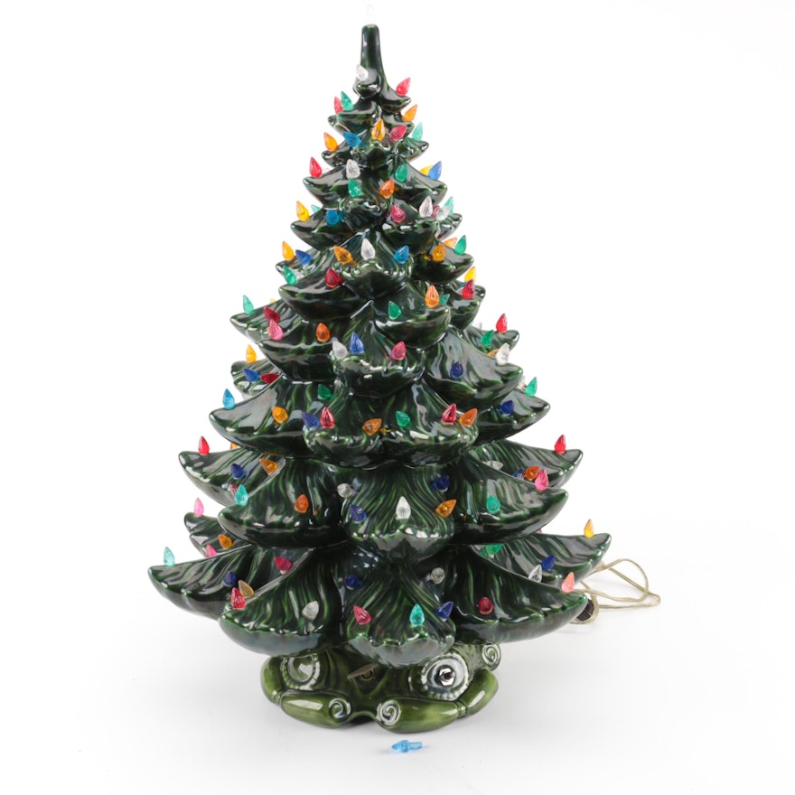 Lighted Green Ceramic Christmas Tree with Music Box