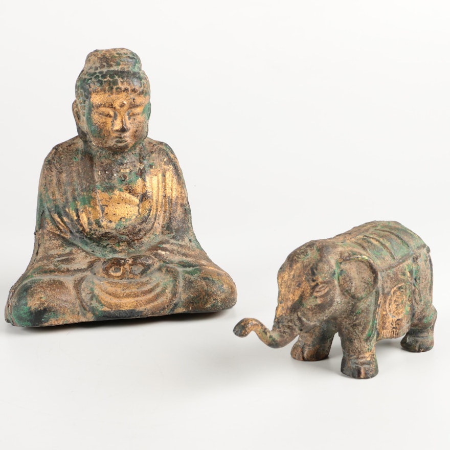Iron and Copper Elephant and Buddha Scupltures