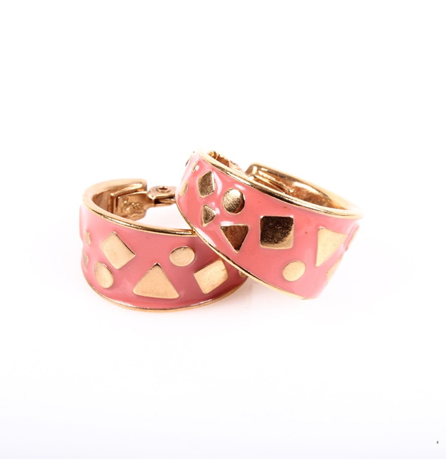Vintage Yves Saint Laurent Coral Enamel Hoop Earrings