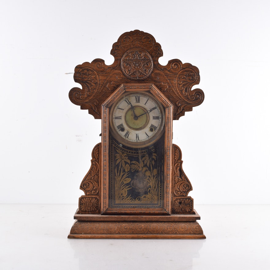 Antique E. Ingraham Co. Oak Gingerbread Mantel Clock