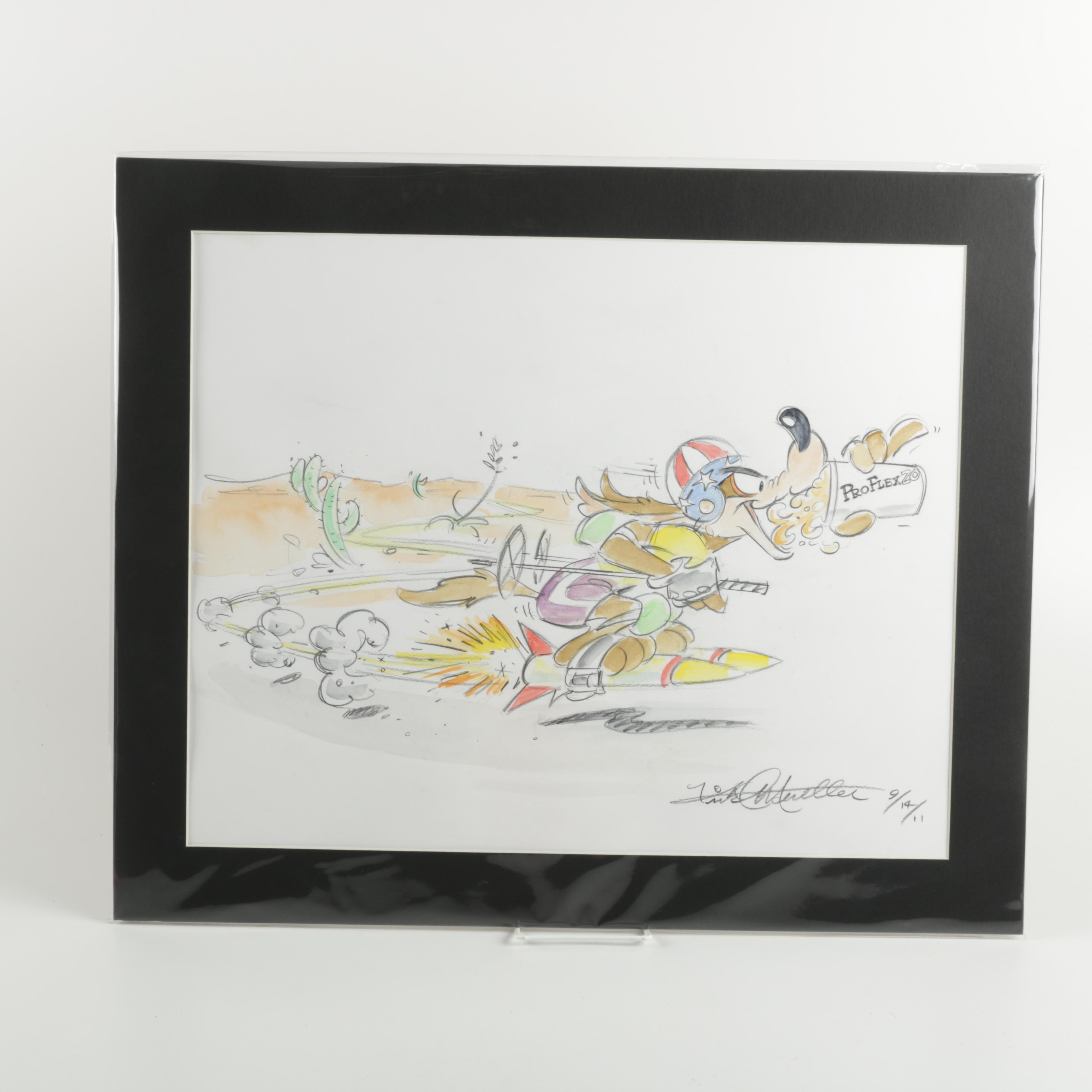 Mixed Media Drawing on Paper of Wile E. Coyote by Artist Kirk Mueller