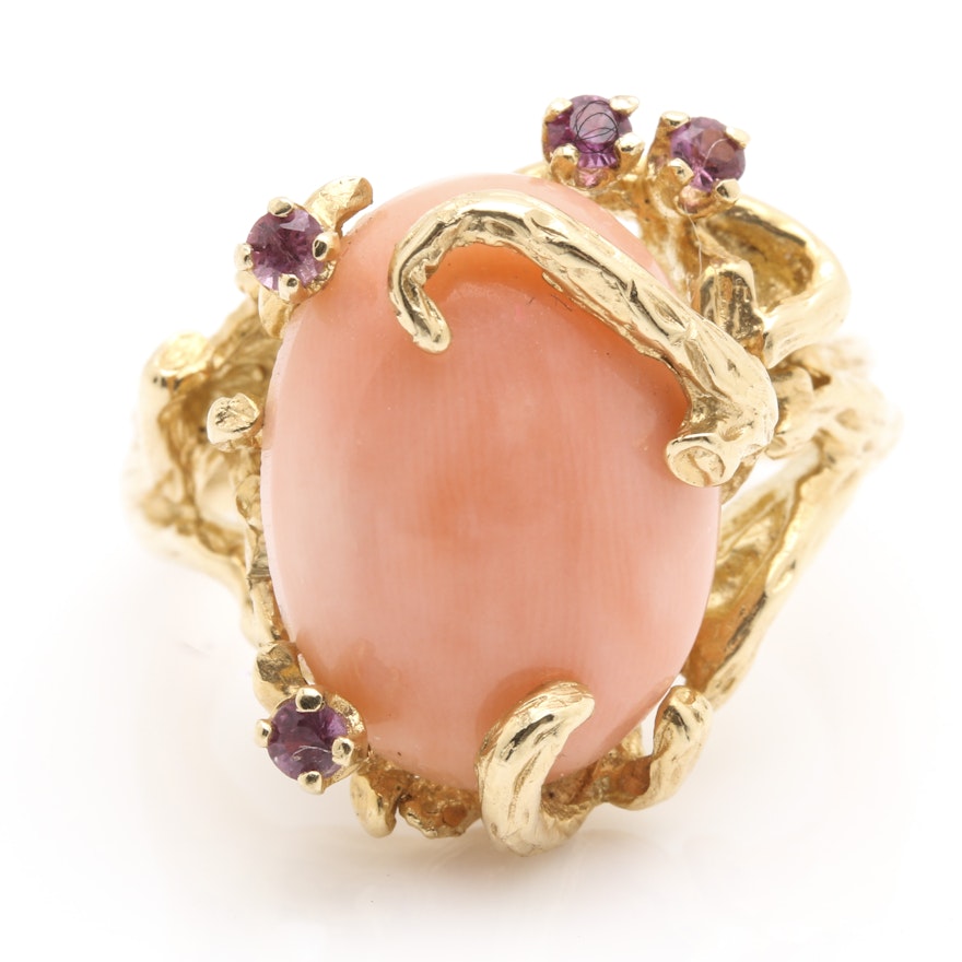 14K Yellow Gold Coral and Ruby Ring