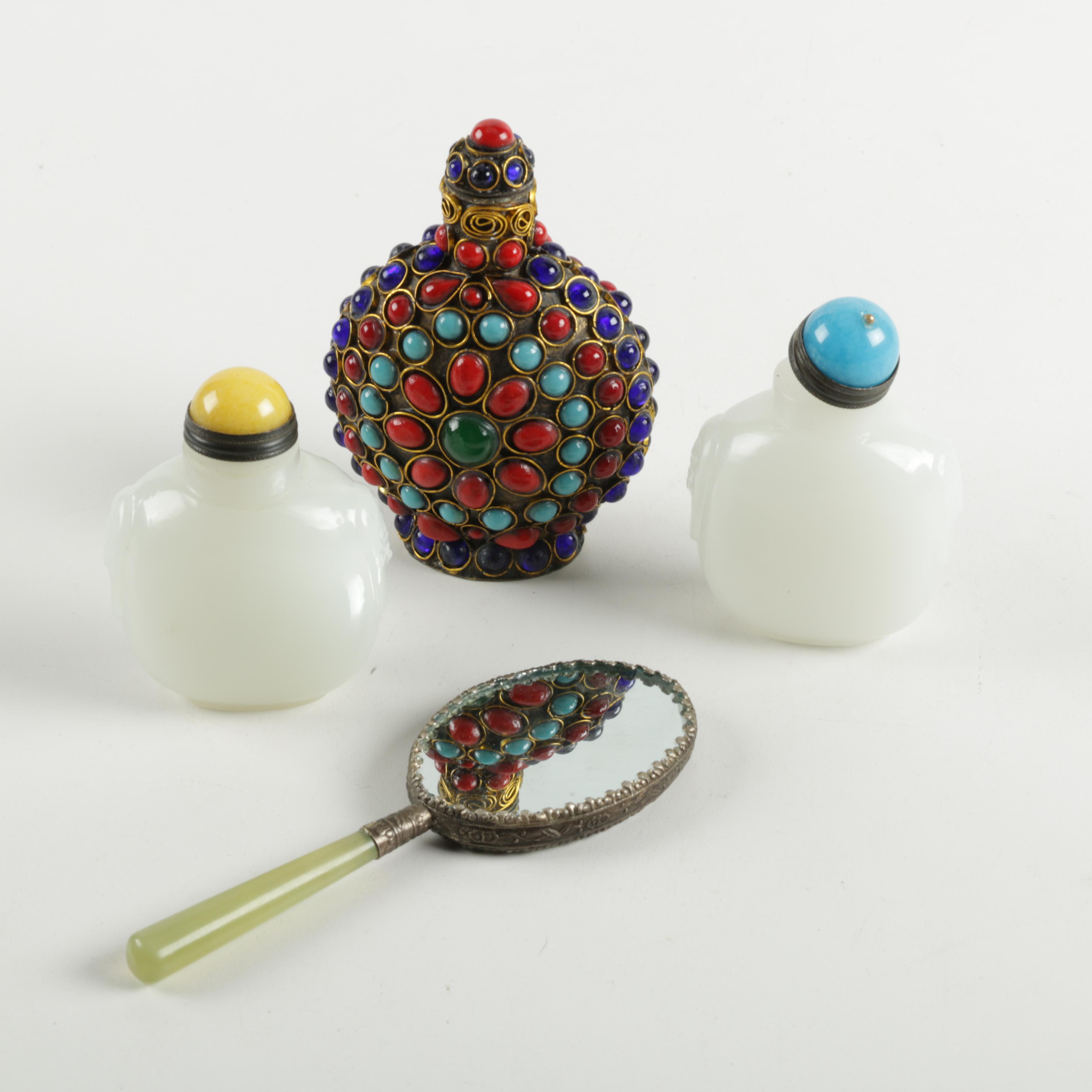 Chinese and Tibetan Snuff Bottles and Hand Mirror