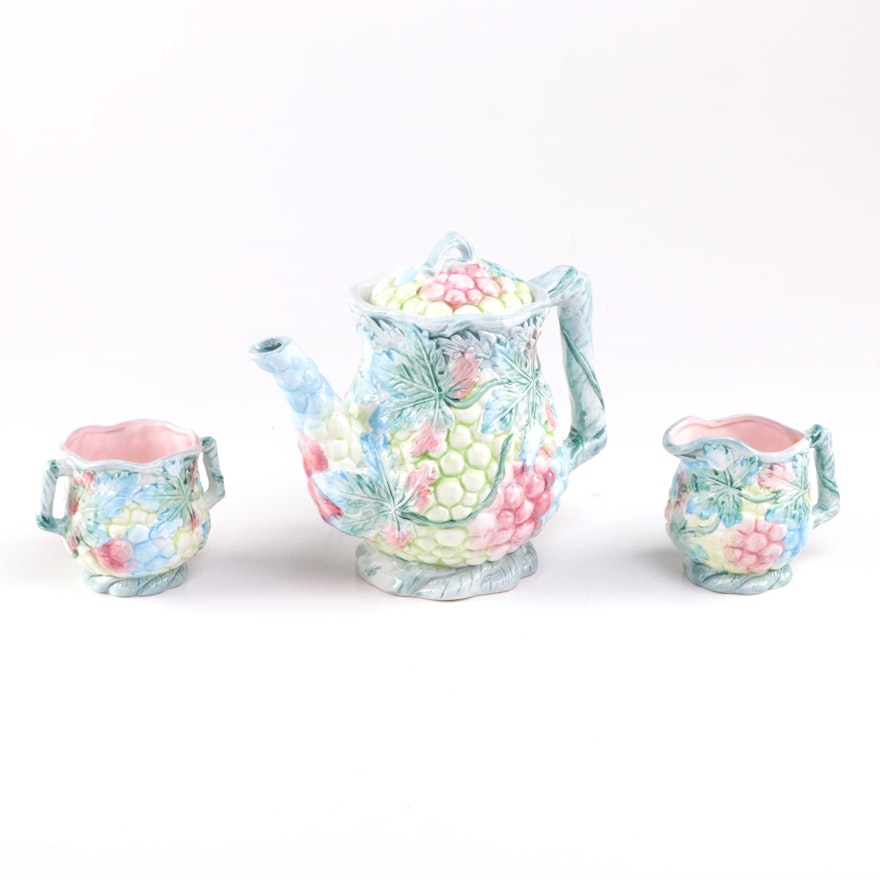 Vintage Majolica Style Teapot, Creamer, and Sugar by The Haldon Group