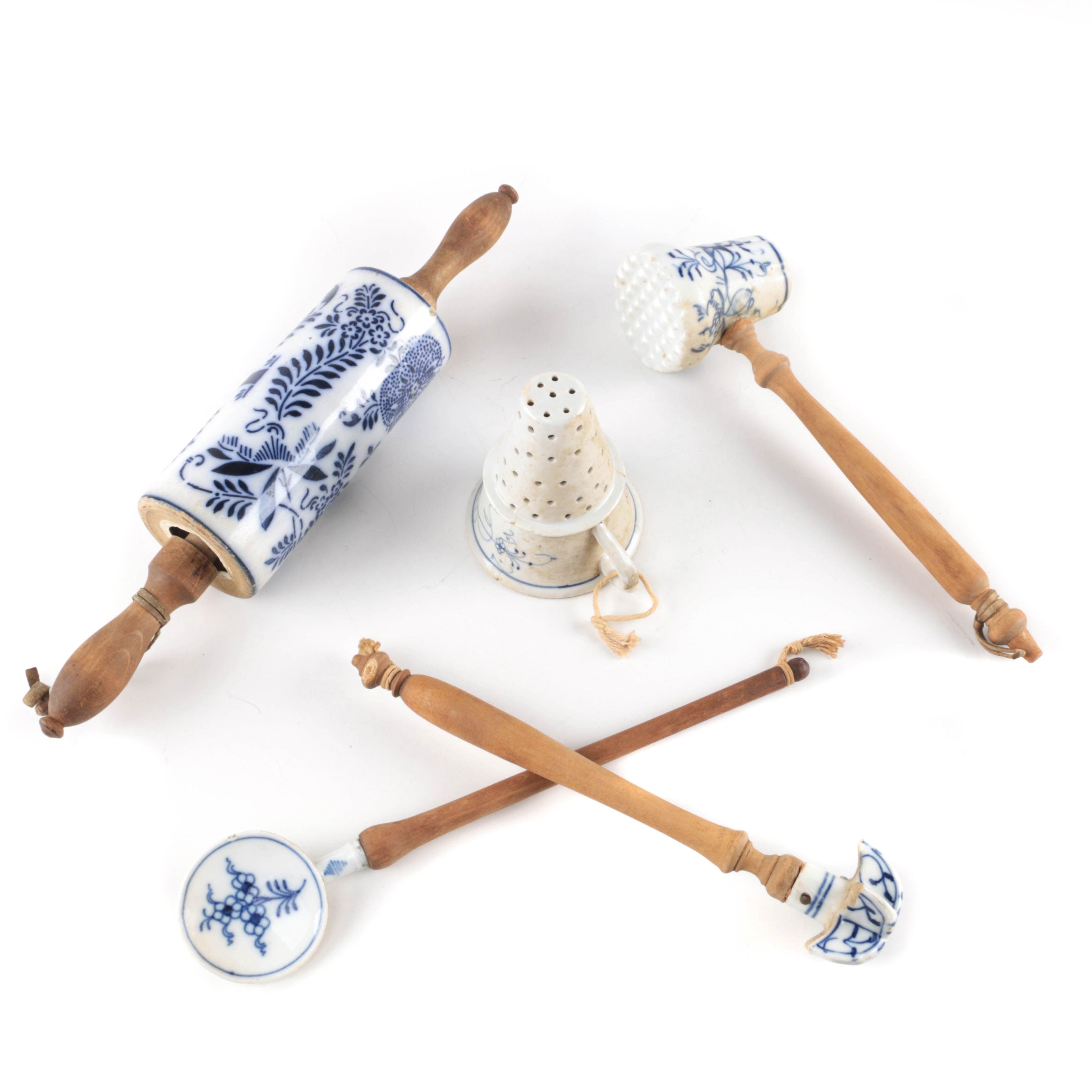 Vintage "Blue Onion" Ceramic and Wood Bakeware