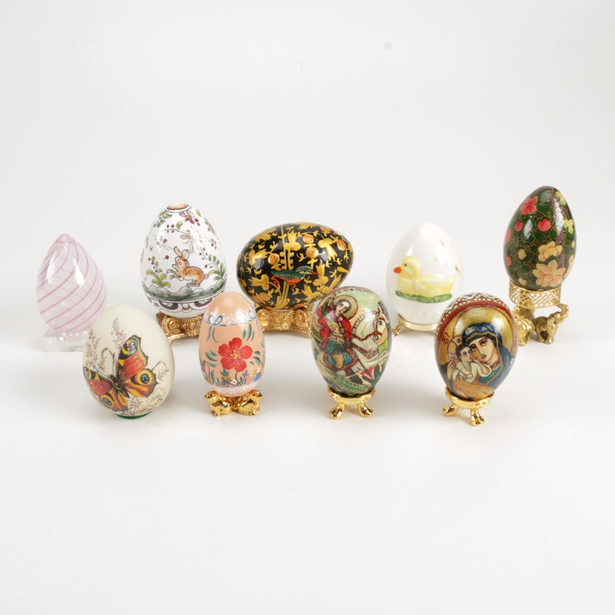 Decorative Glass, Hand-Painted Wood and Ceramic Eggs