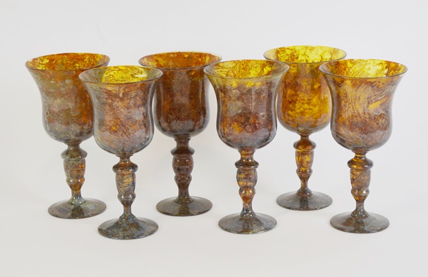 Mottled Amber Blown Glass Wine Glasses