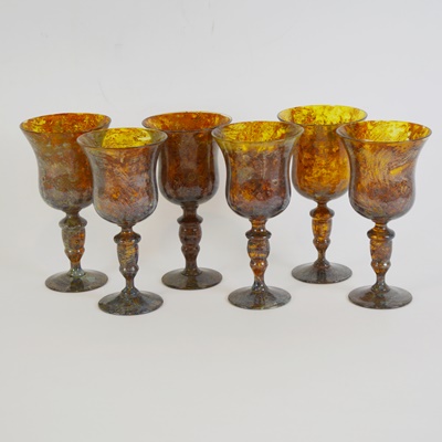 Mottled Amber Blown Glass Wine Glasses