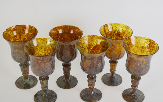 Mottled Amber Blown Glass Wine Glasses