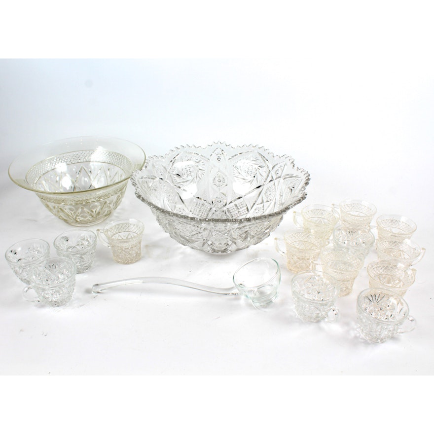 Pressed Glass Punch Bowls With Accessories