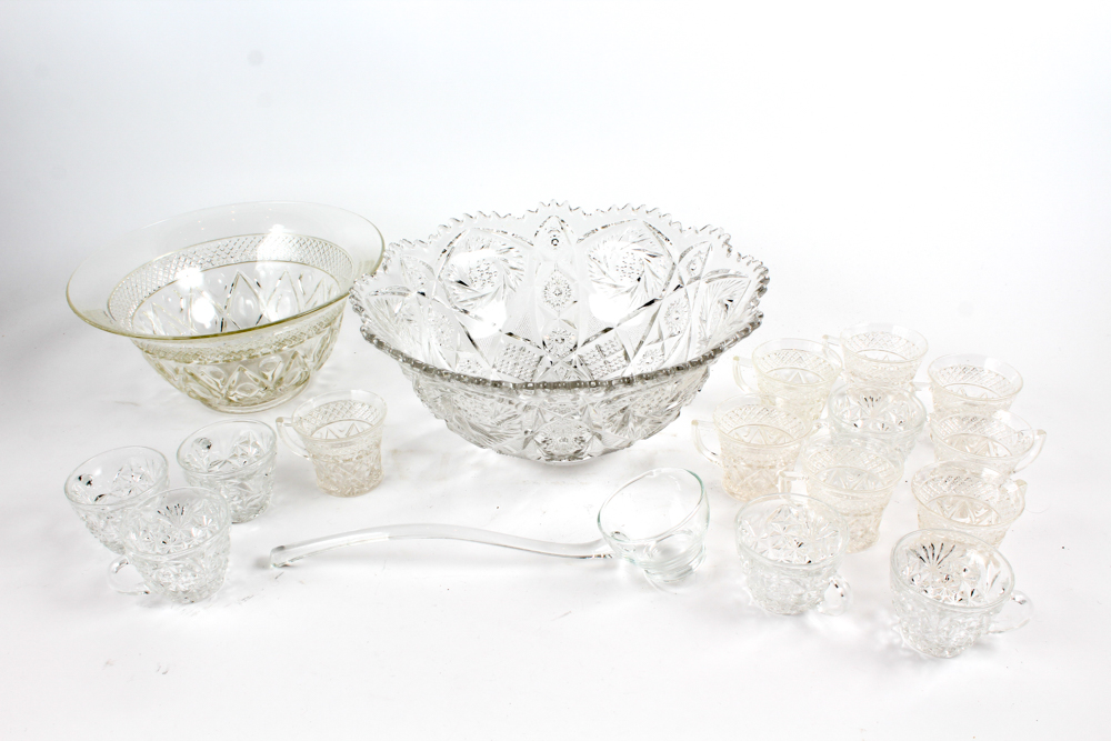 Pressed Glass Punch Bowls With Accessories