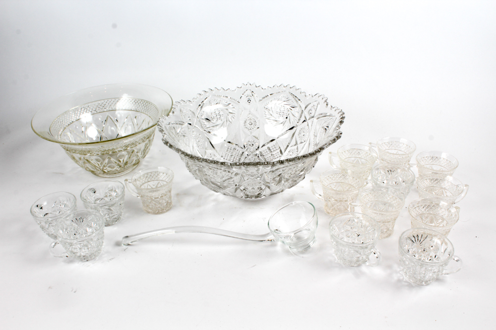 Pressed Glass Punch Bowls With Accessories