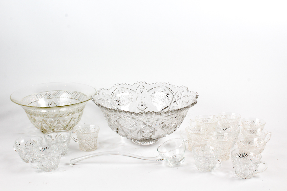 Pressed Glass Punch Bowls With Accessories