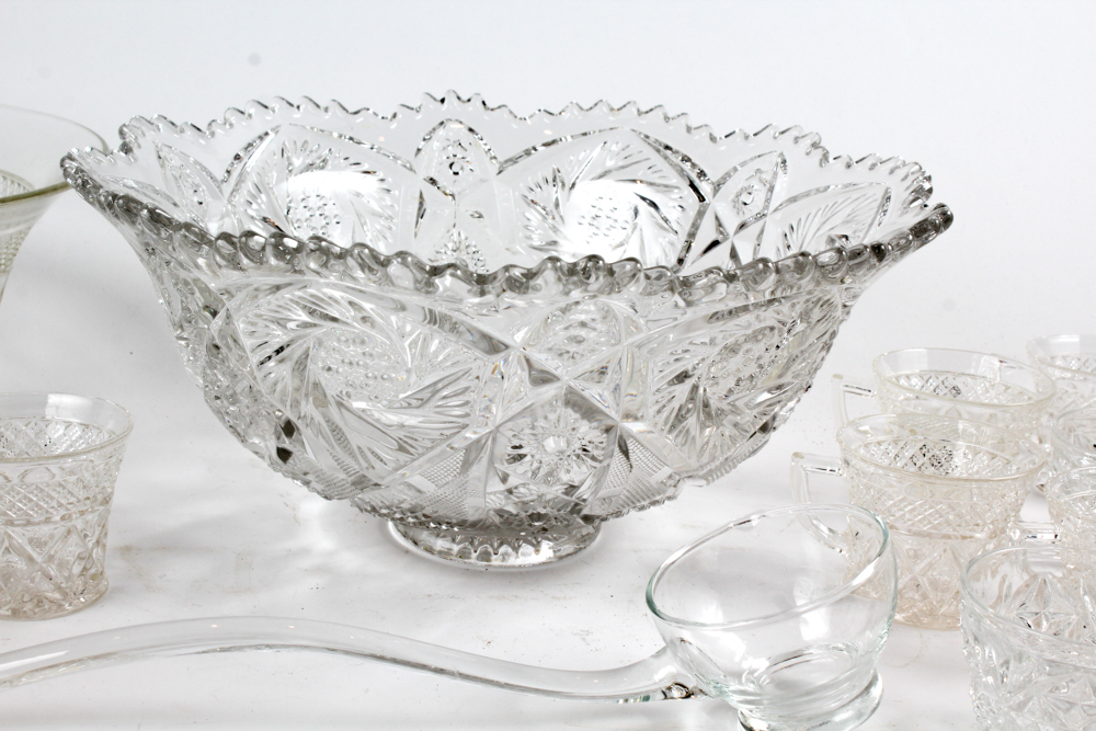 Pressed Glass Punch Bowls With Accessories