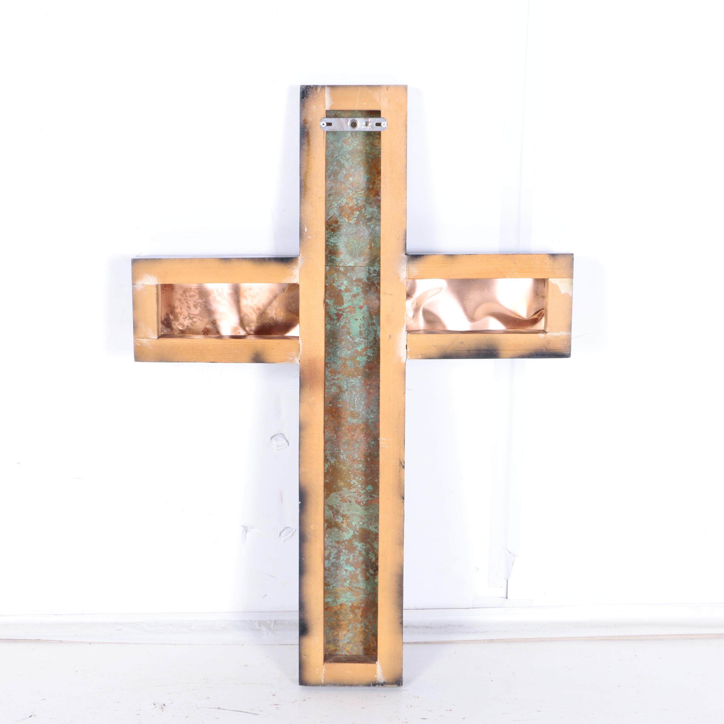 Large Handmade Wood and Patinaed Copper Cross
