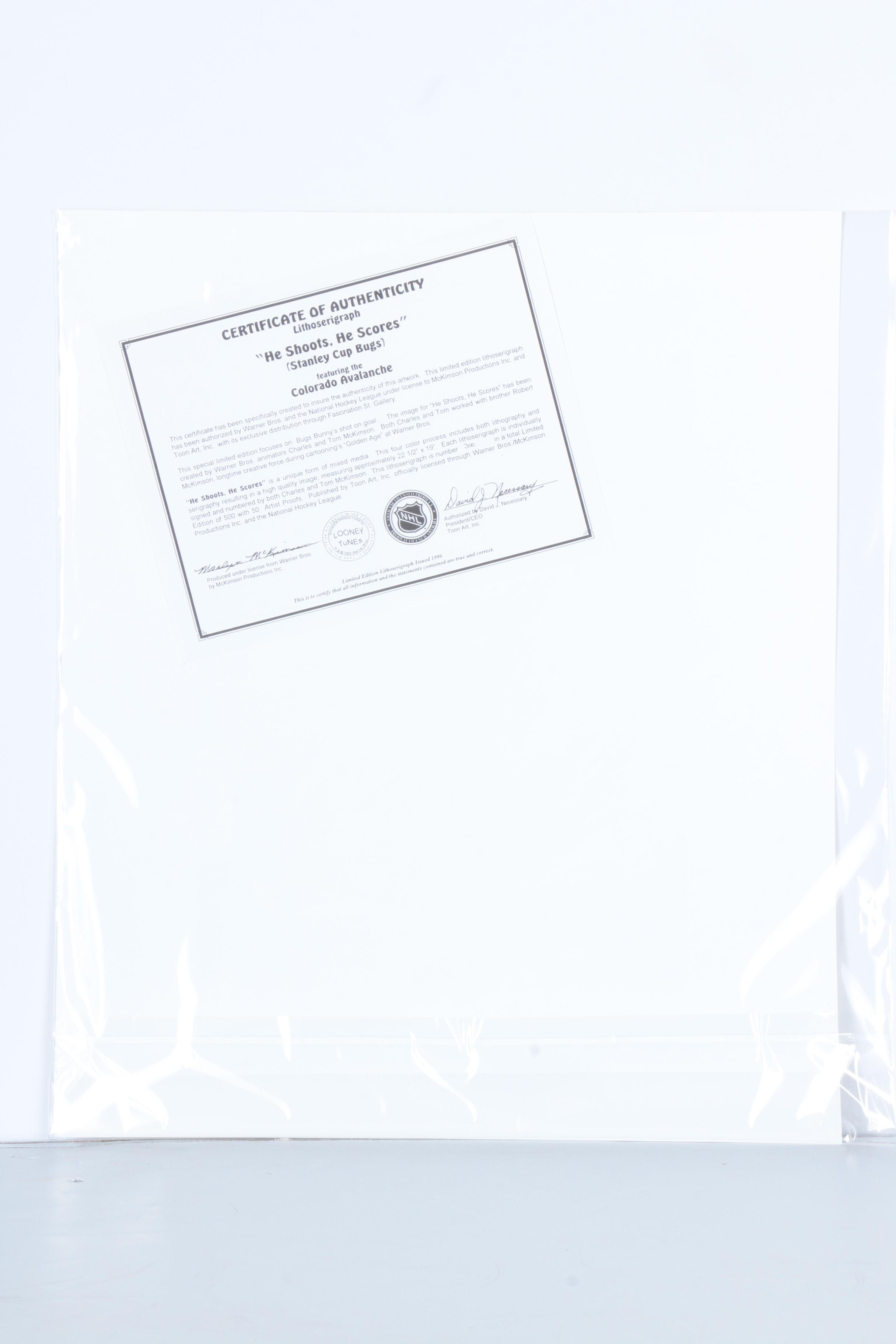 Limited Edition Hockey-Themed Lithoserigraph "He Shoots He Scores"