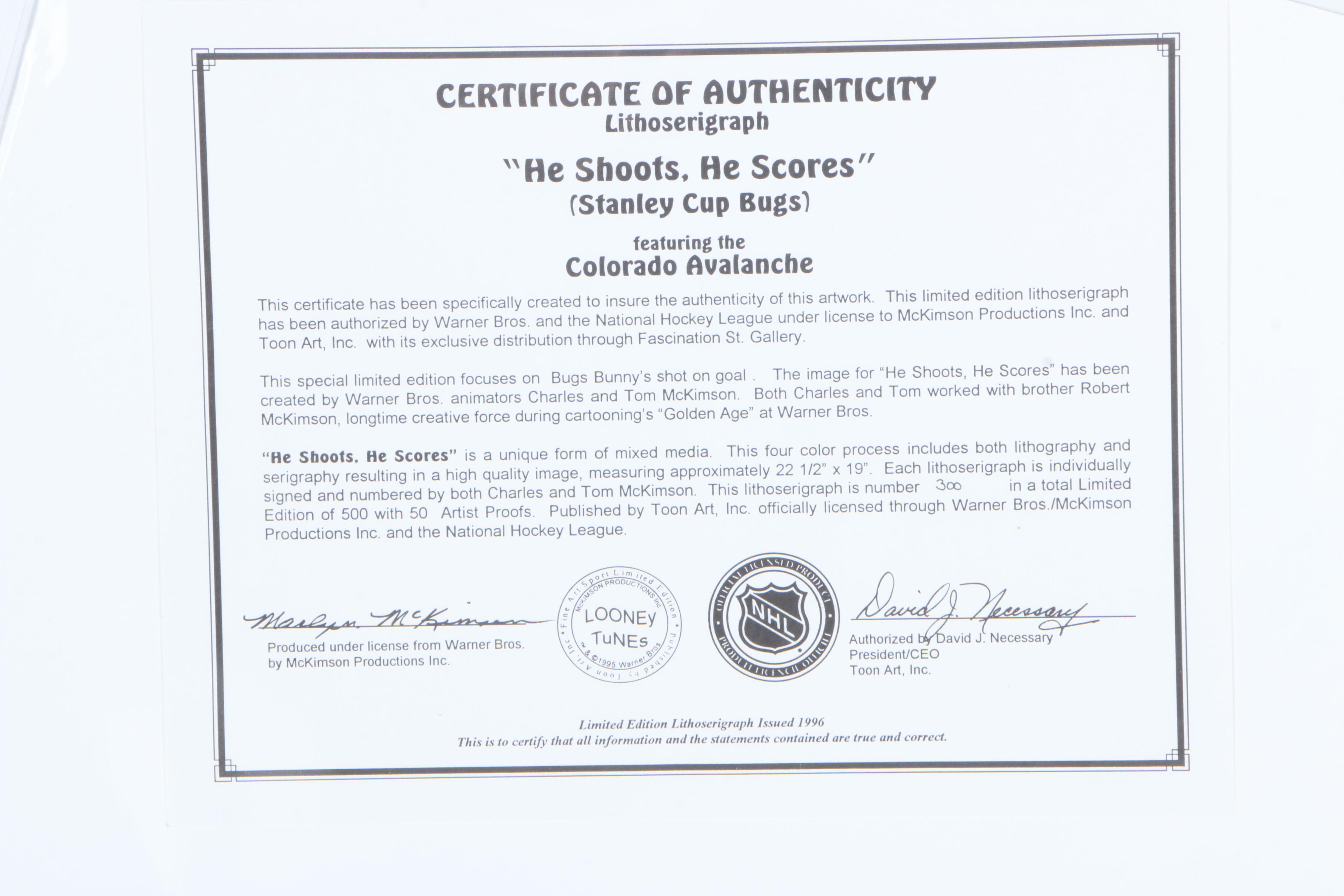 Limited Edition Hockey-Themed Lithoserigraph "He Shoots He Scores"