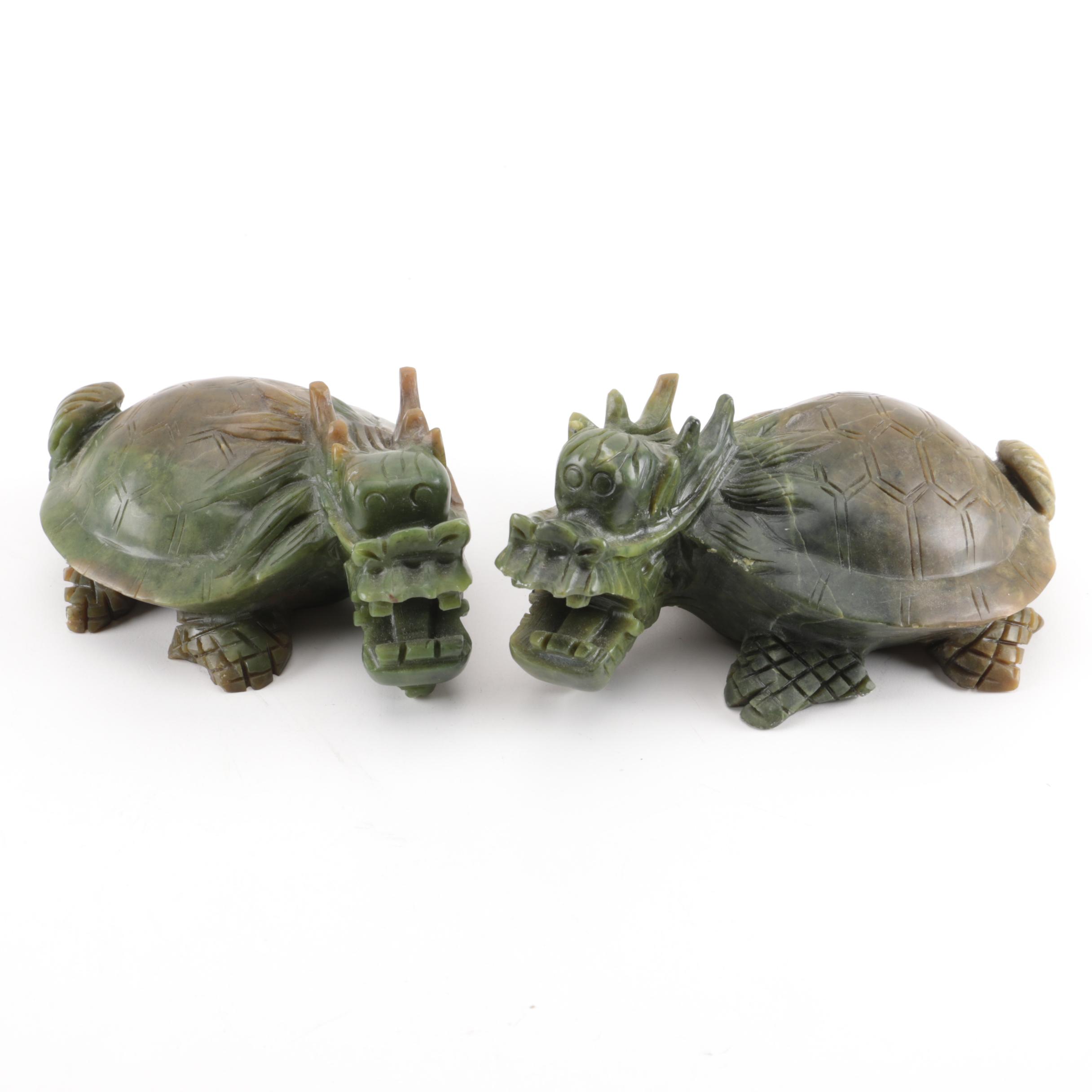 Hand-Carved Chinese Nephrite Dragon-Turtle Figurines