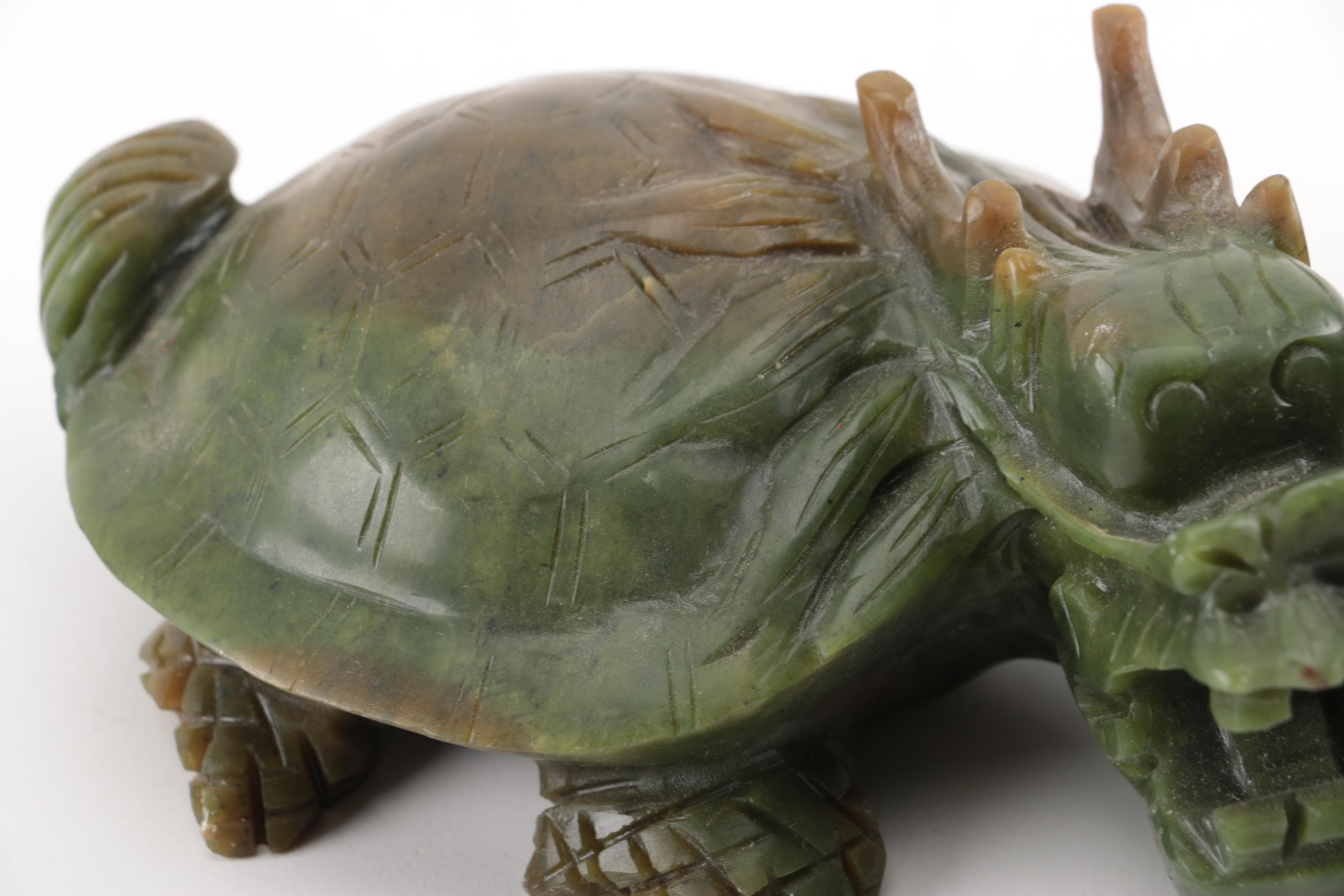 Hand-Carved Chinese Nephrite Dragon-Turtle Figurines