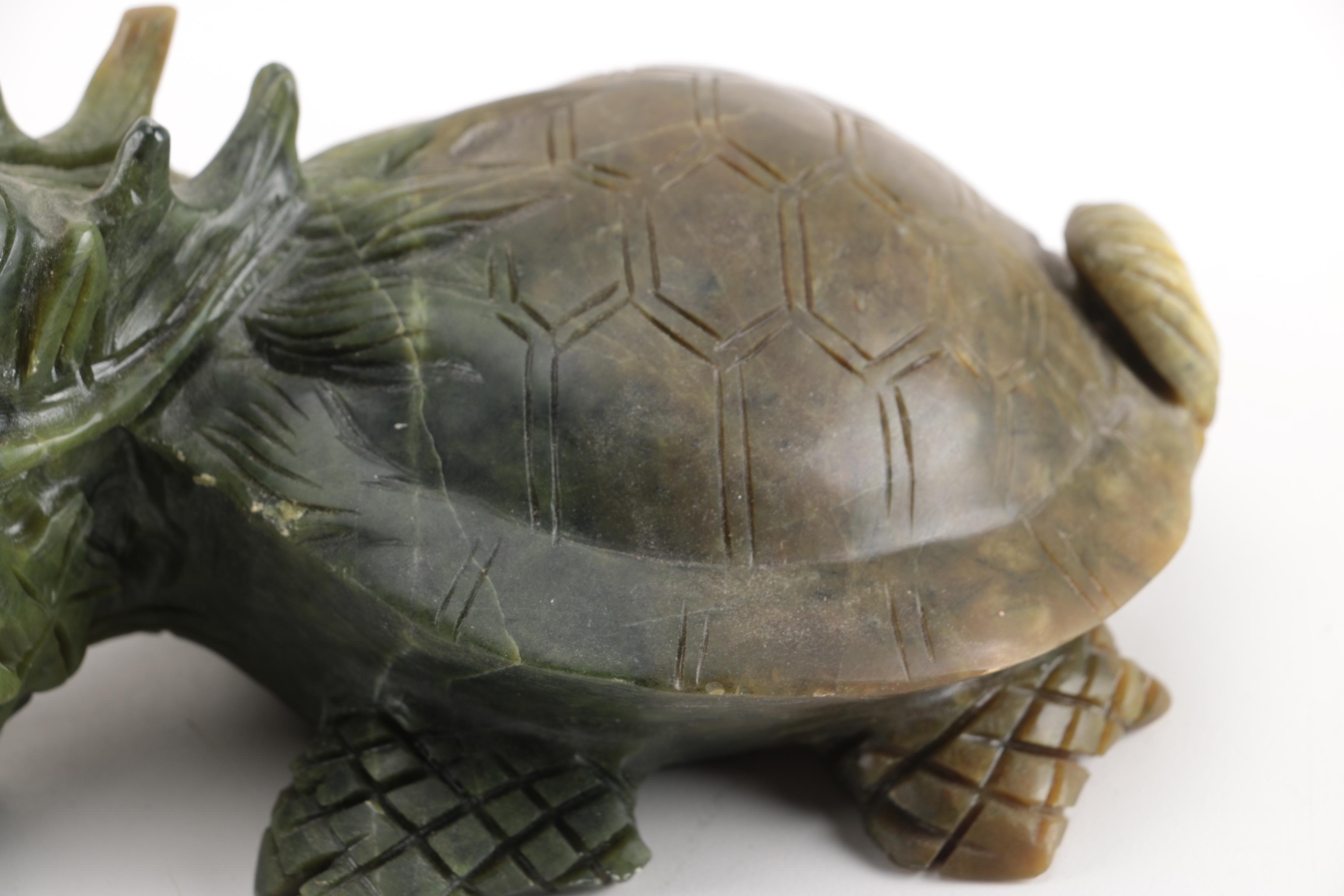 Hand-Carved Chinese Nephrite Dragon-Turtle Figurines