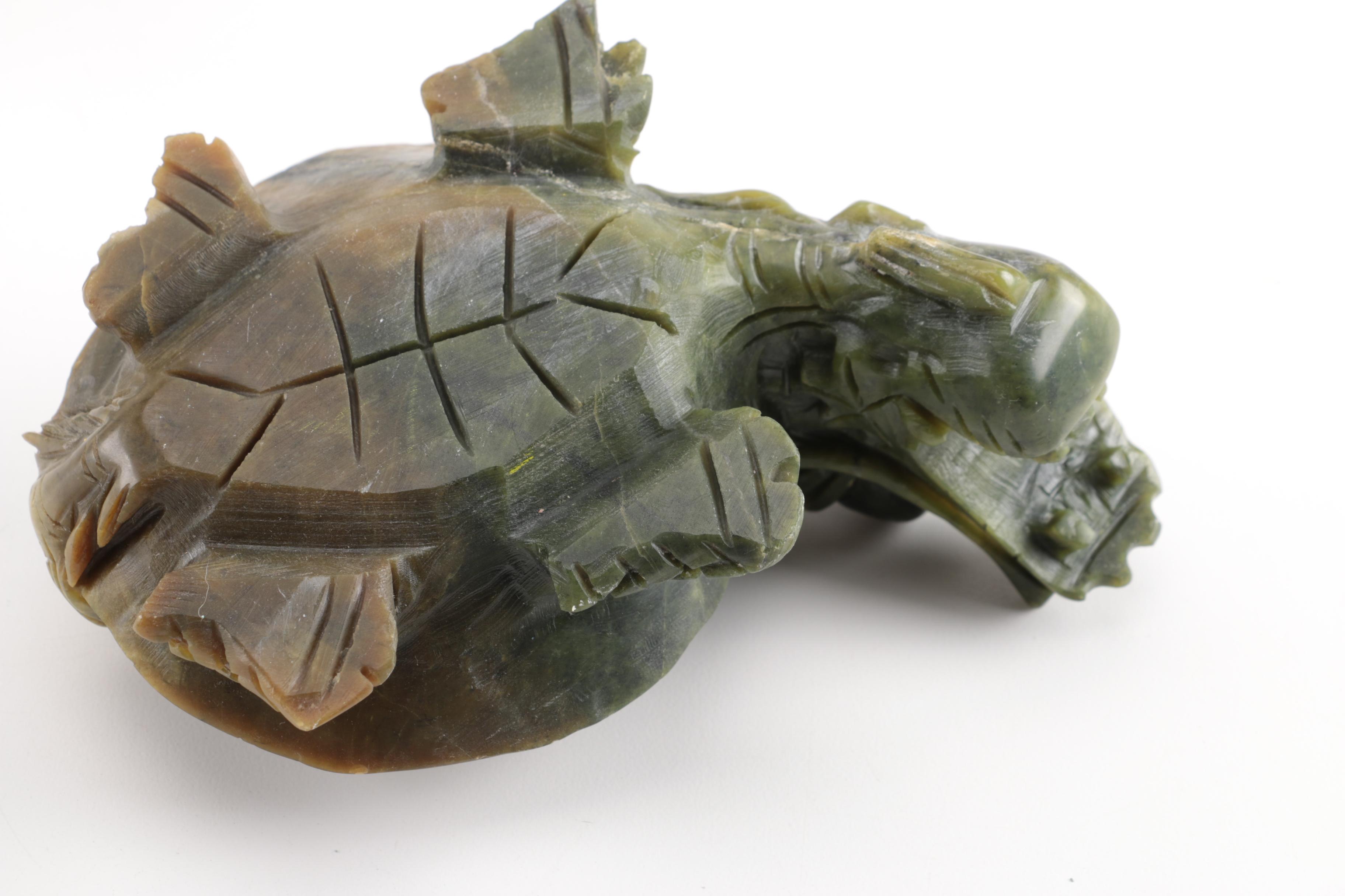 Hand-Carved Chinese Nephrite Dragon-Turtle Figurines