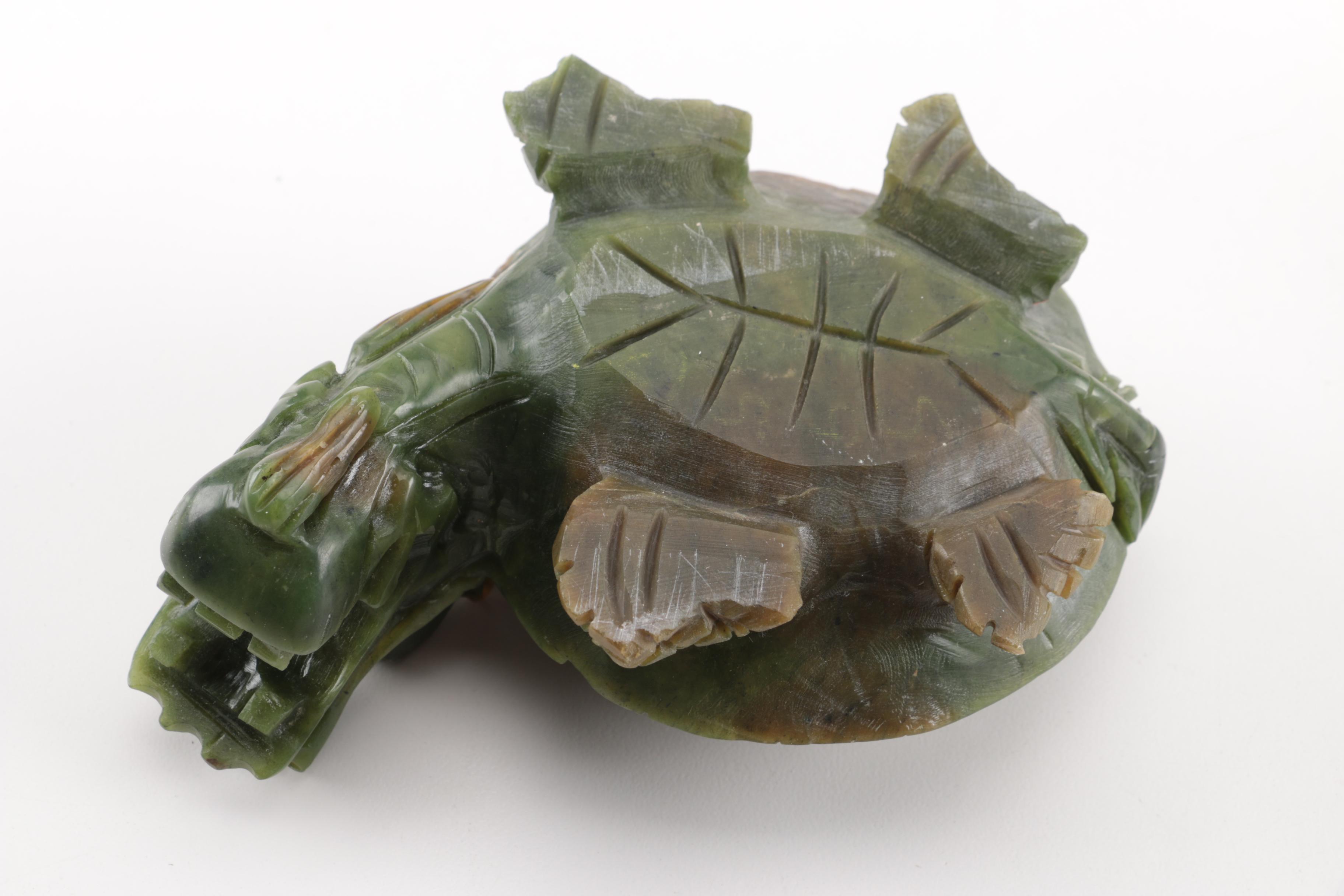 Hand-Carved Chinese Nephrite Dragon-Turtle Figurines