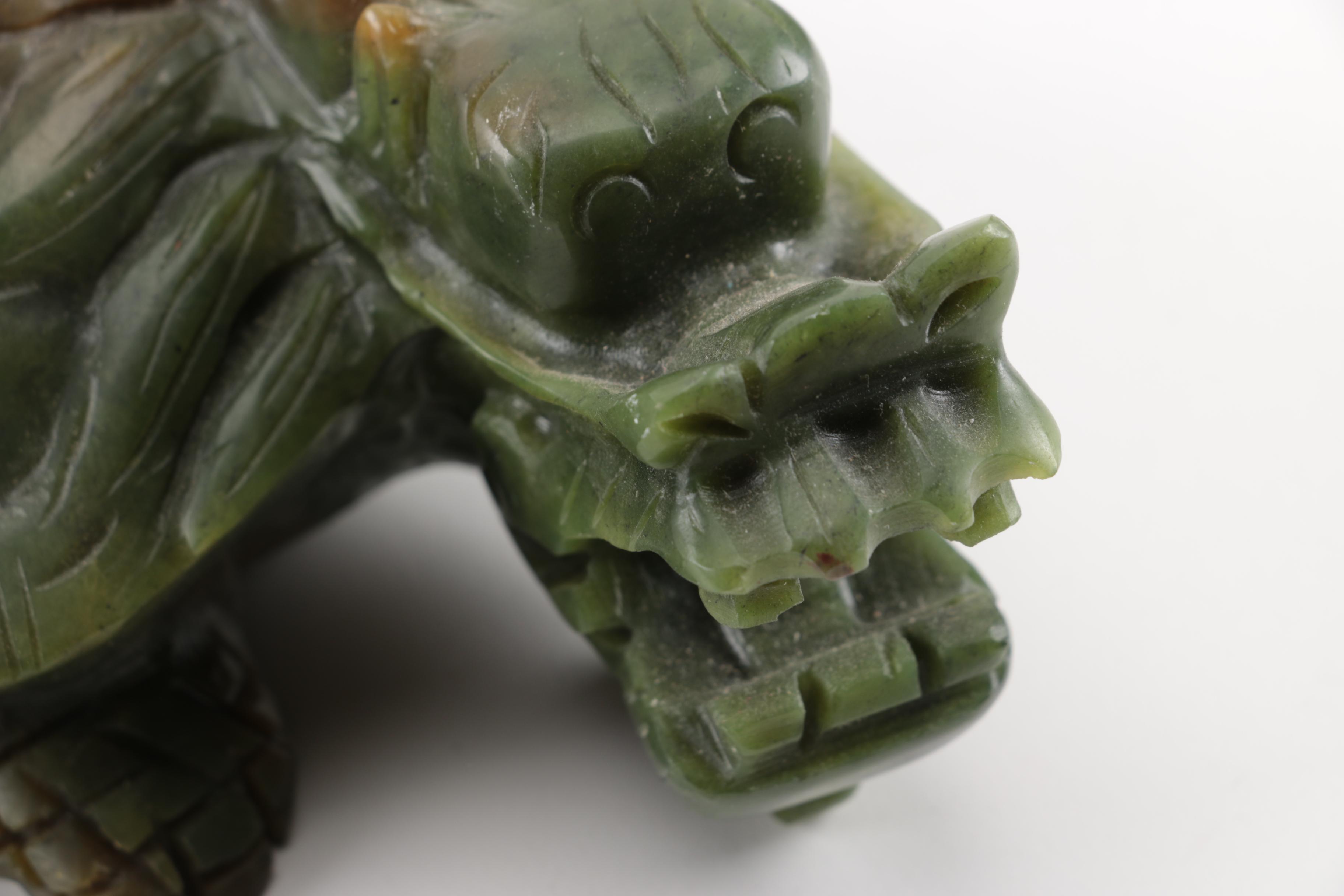 Hand-Carved Chinese Nephrite Dragon-Turtle Figurines