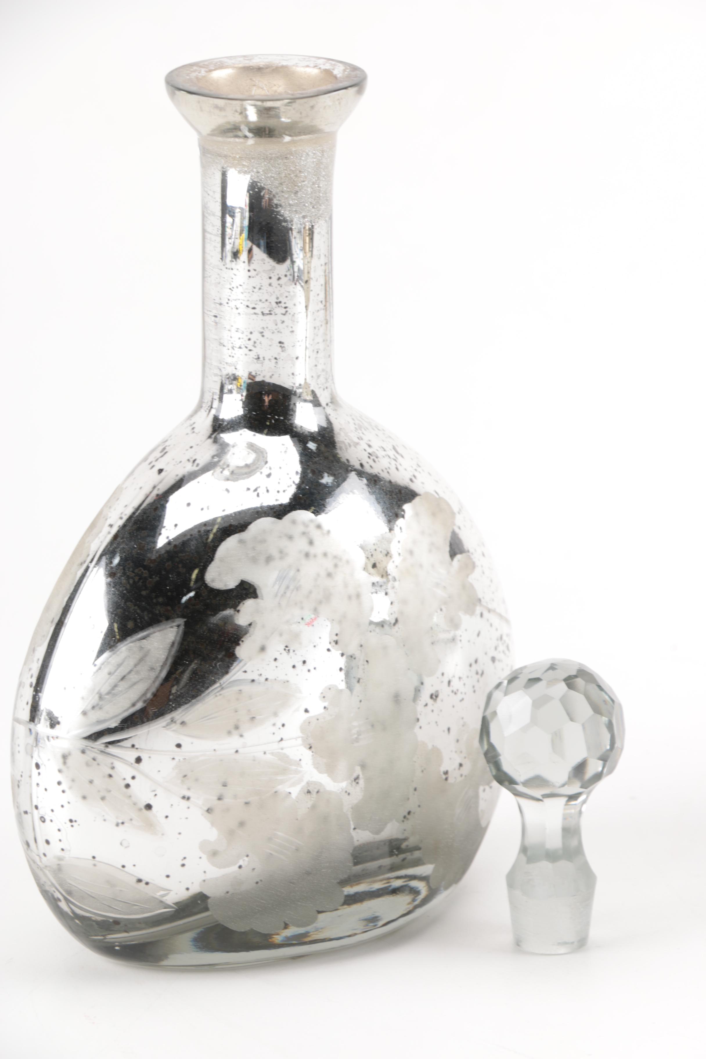 Decorative Mercury Glass Decanter and Footed Bowl