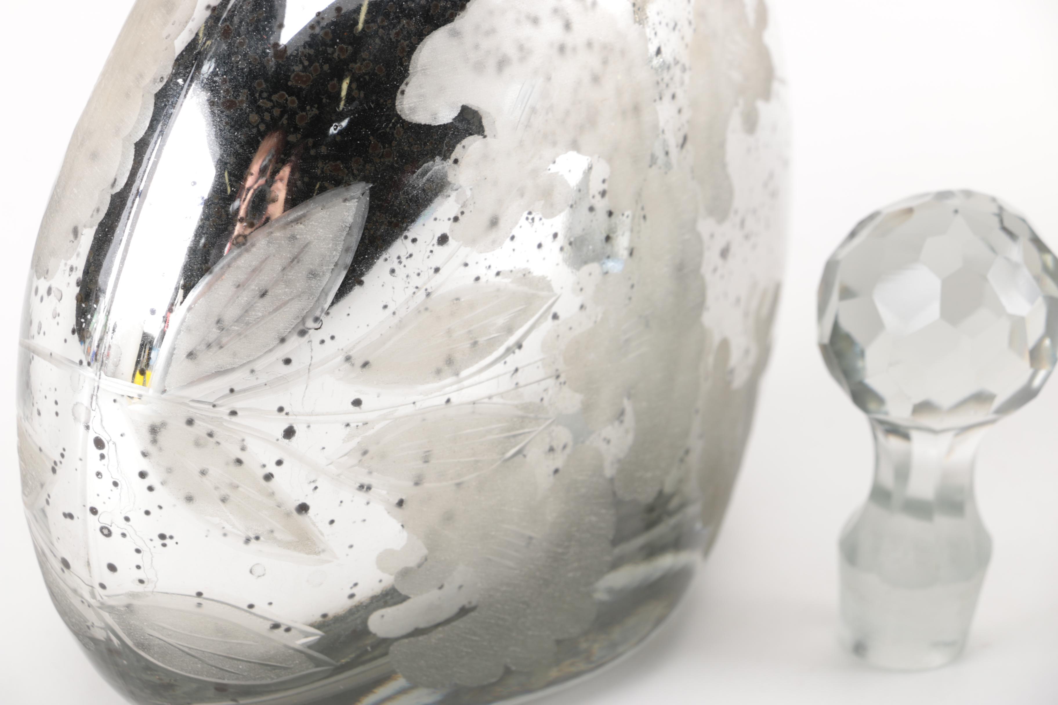 Decorative Mercury Glass Decanter and Footed Bowl