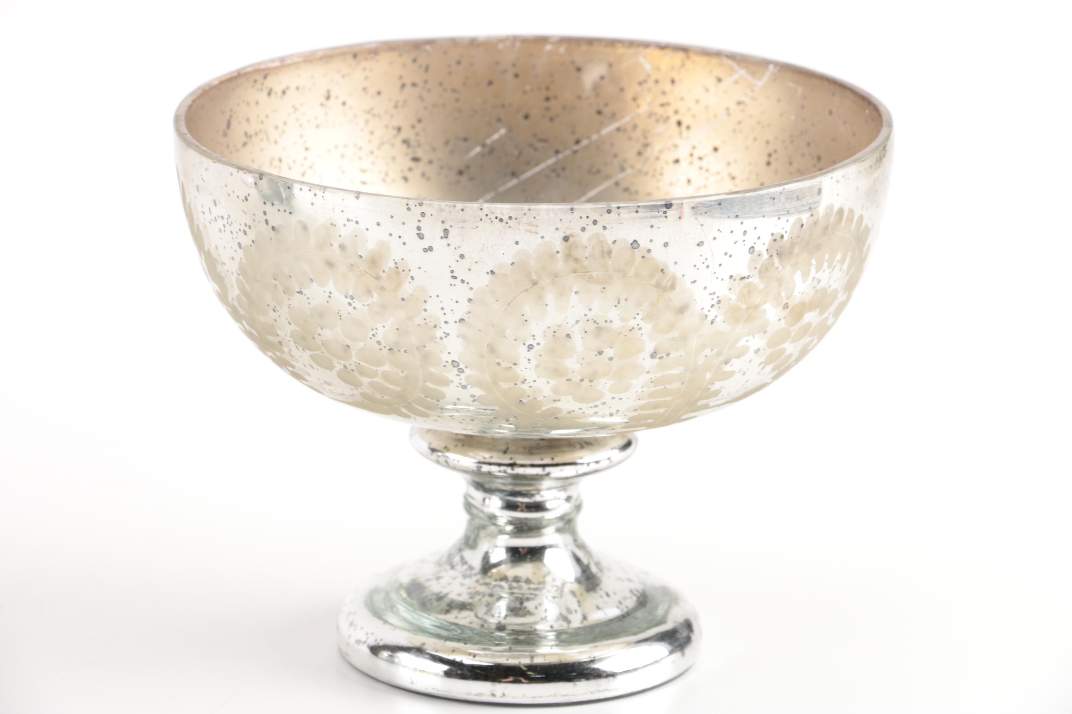 Decorative Mercury Glass Decanter and Footed Bowl